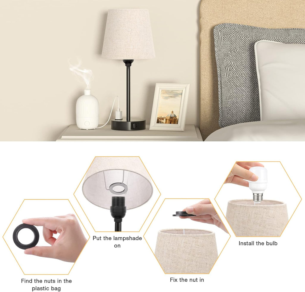 Mini Bedside Lamps for Bedrooms Set of 2 - Nightstand Bedroom Lamps with USB C Port and AC Outlet Charging, Dimmable Touch Small Bed Side…