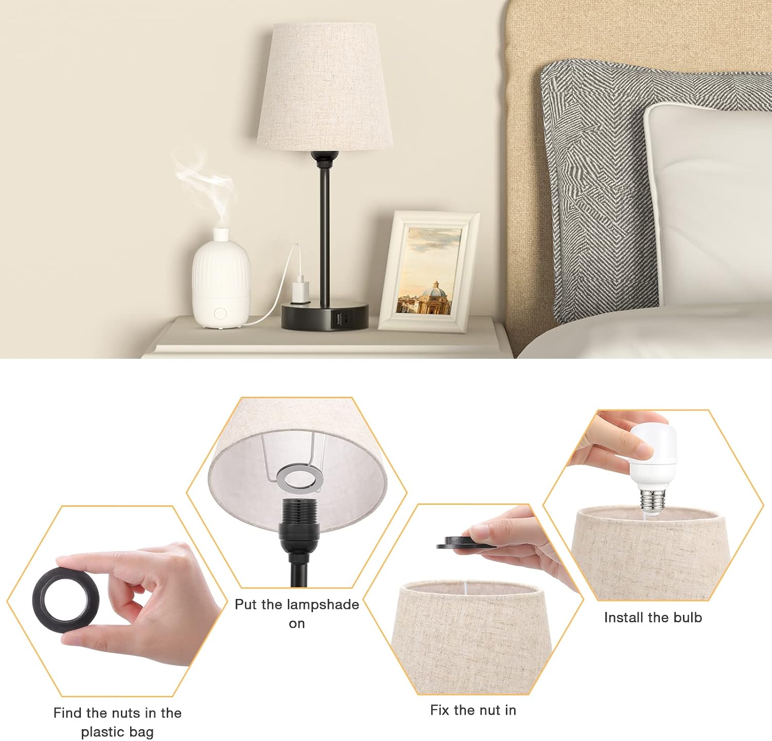 Mini Bedside Lamps for Bedrooms Set of 2 - Nightstand Bedroom Lamps with USB C Port and AC Outlet Charging, Dimmable Touch Small Bed Side…