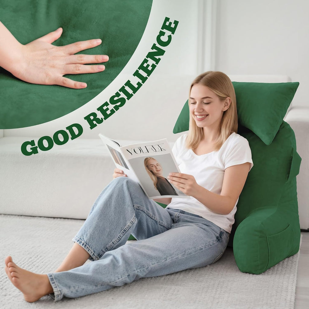 Unisakey Portable Reading Pillows with Headrest for Bed Sitting Up(Green Oeko-Tex), Velvet Back Pillow with Arms & Pockets for Adults…