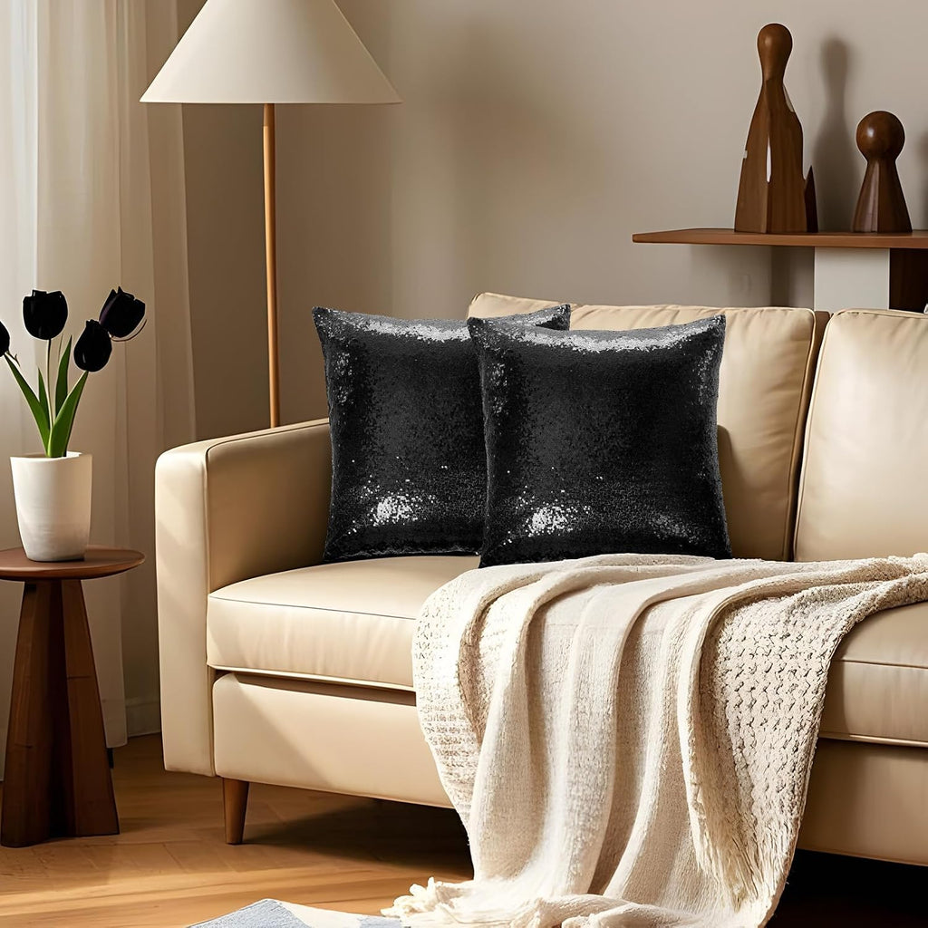 Eternal Beauty Set of 2 Sequin Decorative Pillow Cover Black Throw Pillow Covers for Couch Throw Pillows 20 X 20 Inches