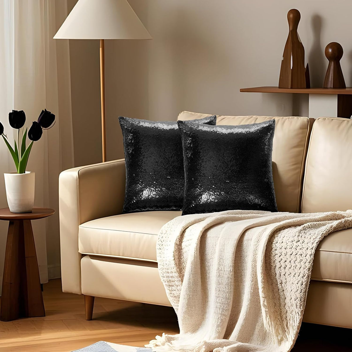 Eternal Beauty Set of 2 Sequin Decorative Pillow Cases Black Pillow Covers for Couch Bed Throw Pillows 18 X 18 Inches