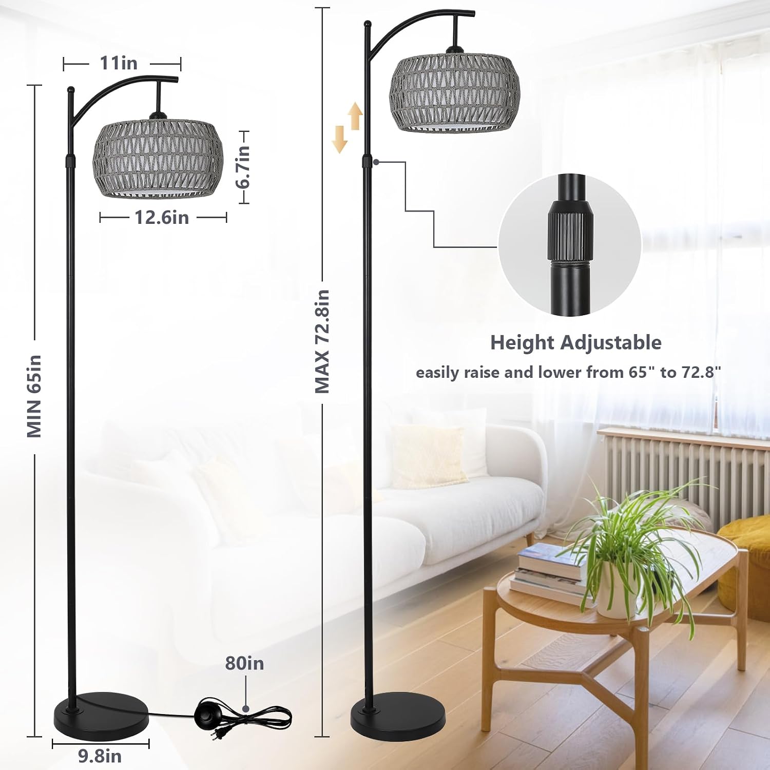 Arc Floor Lamp for Bedroom, Boho Standing Lamp with Remote & LED Smart Bulb, Rattan Floor Lamps for Living Room with 3 Color…