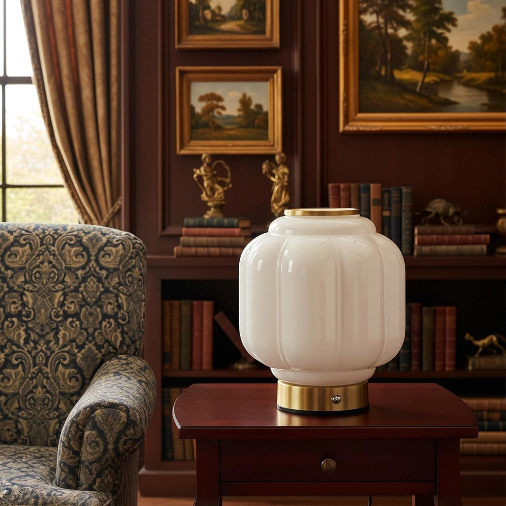 Mushroom Lamp, Cordless Rechargeable Table Lamp with Brass Base & White Glass Shade, 4W Dimmable Bedside Table Lamp, Small Vintage Desk…
