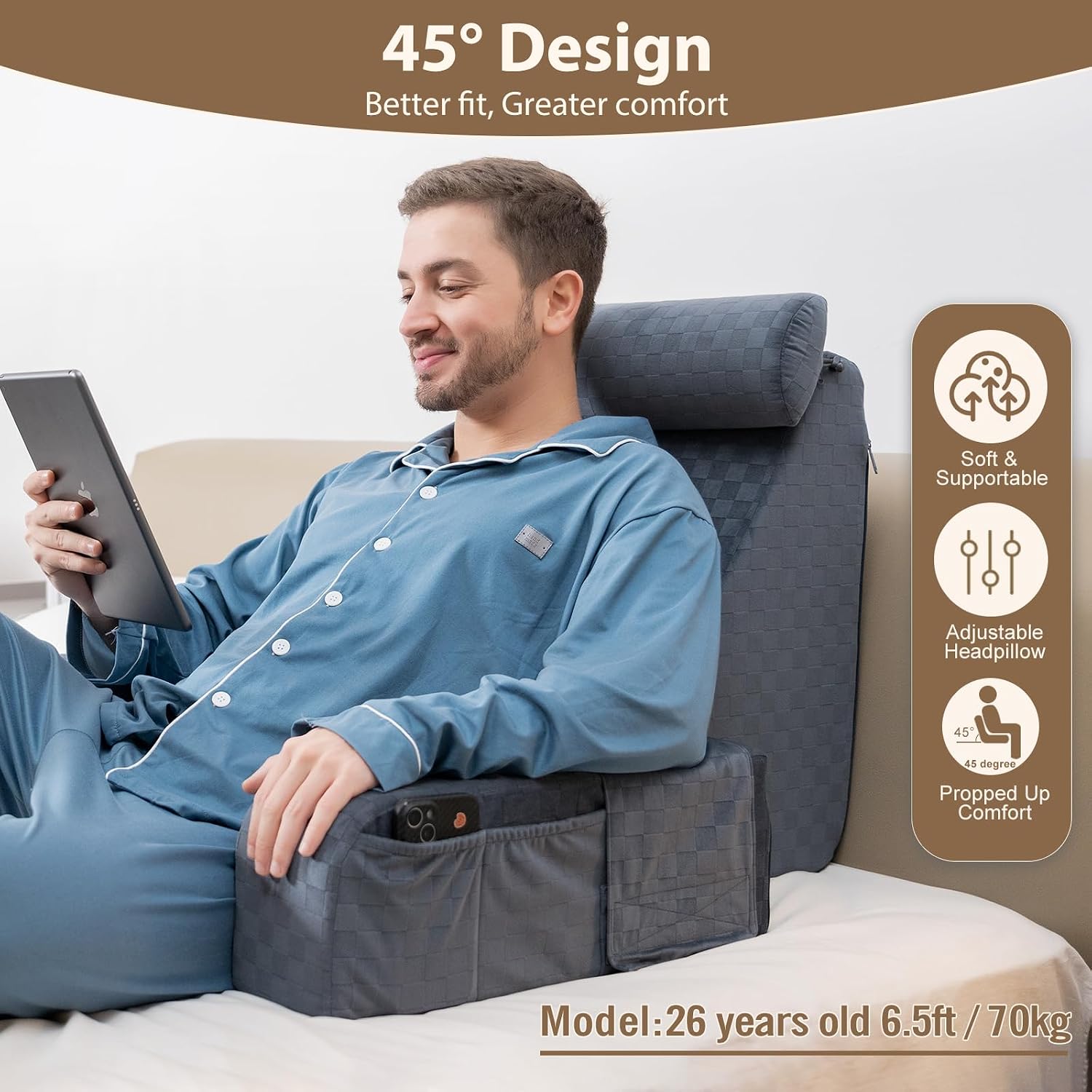 Vekkia 21" Large Reading Pillow with Adjustable Arms & Headrest – Wide Backrest Cushion for Adults with Extra-Large Pockets for Reading…