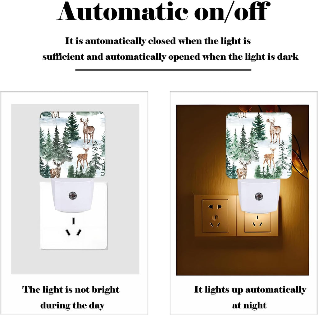 Watercolor Deer and Forest Night Light, Plug Into Wall for Boys Girls Bedroom Decorative Square Night Light Lamp 0.5w Sleep Friendly