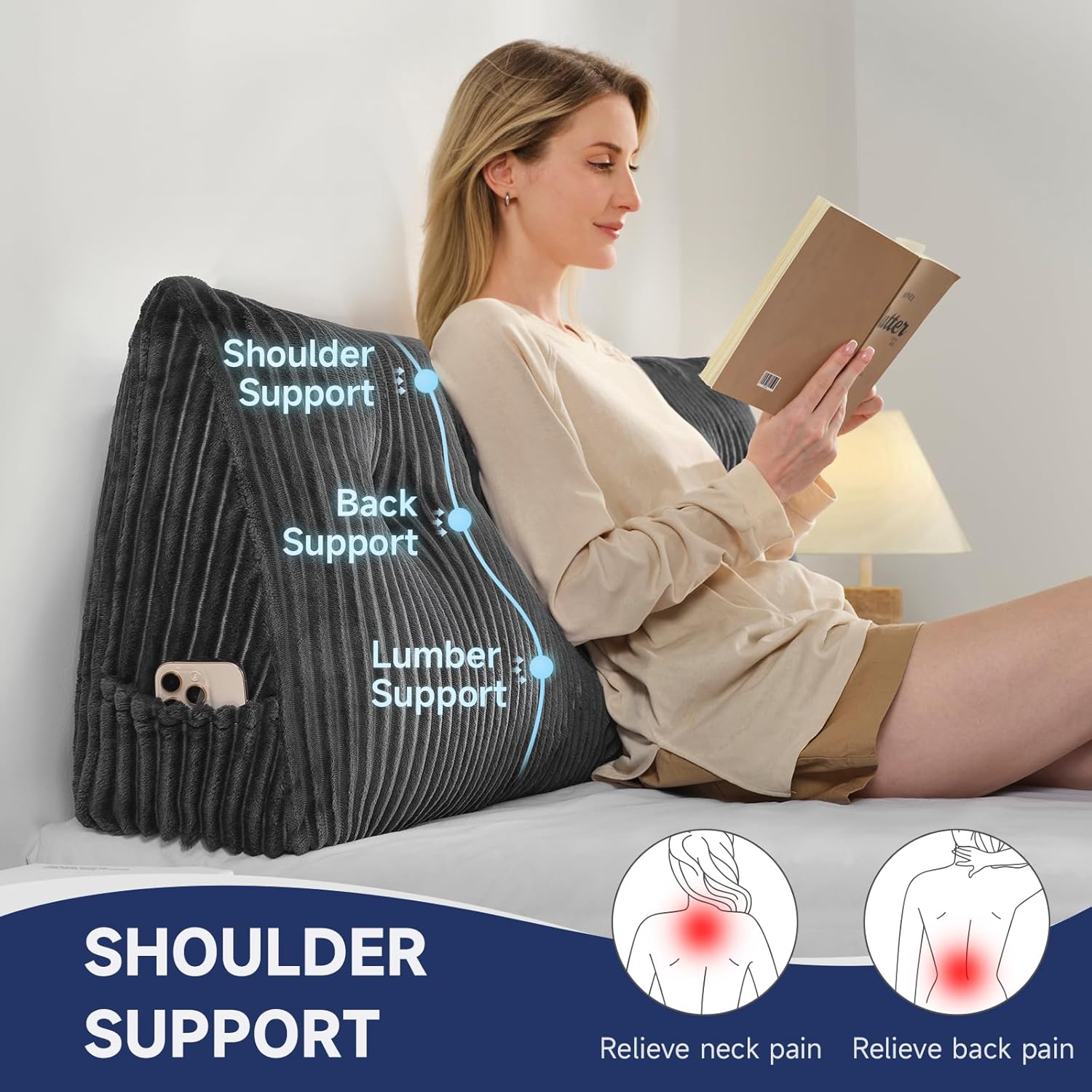 Z-Hom Queen Size Wedge Headboard Pillow with 2 Roll Cushions, Large Reading Pillow for Bed Sitting Up, Triangular Backrest Cushion for Head…