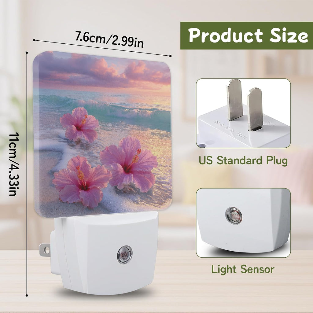 Pink Hibiscus Beach Night Lights Plug into Wall, Night Light for Bedroom Bathroom Hallway Kitchen, Auto Dusk to Dawn Sensor Decorative…