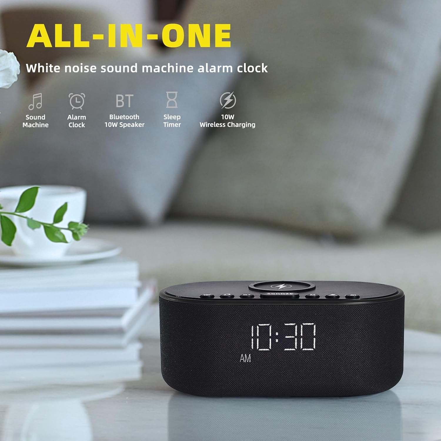 Odokee Sound Machine Alarm Clock for Bedrooms: Bluetooth 10W Stereo Sound Speaker with Wireless Charging - White Noise Machine for Sleeping…