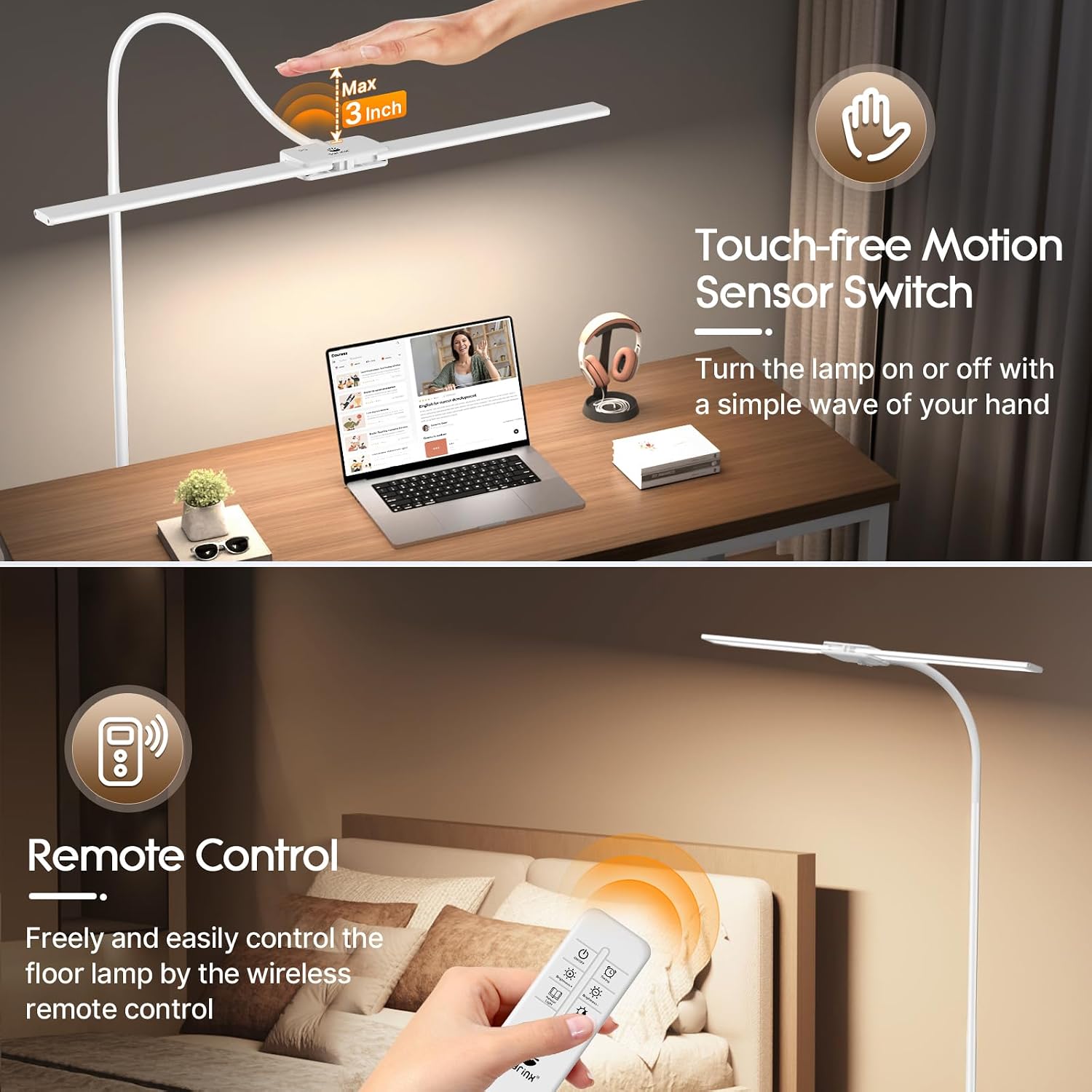 Syrinx LED Floor Lamp, 18W 2000LM Bright Reading Floor Lamp, Dual Head Gooseneck Standing Lamp, Smart Motion Sensor, Remote Control…