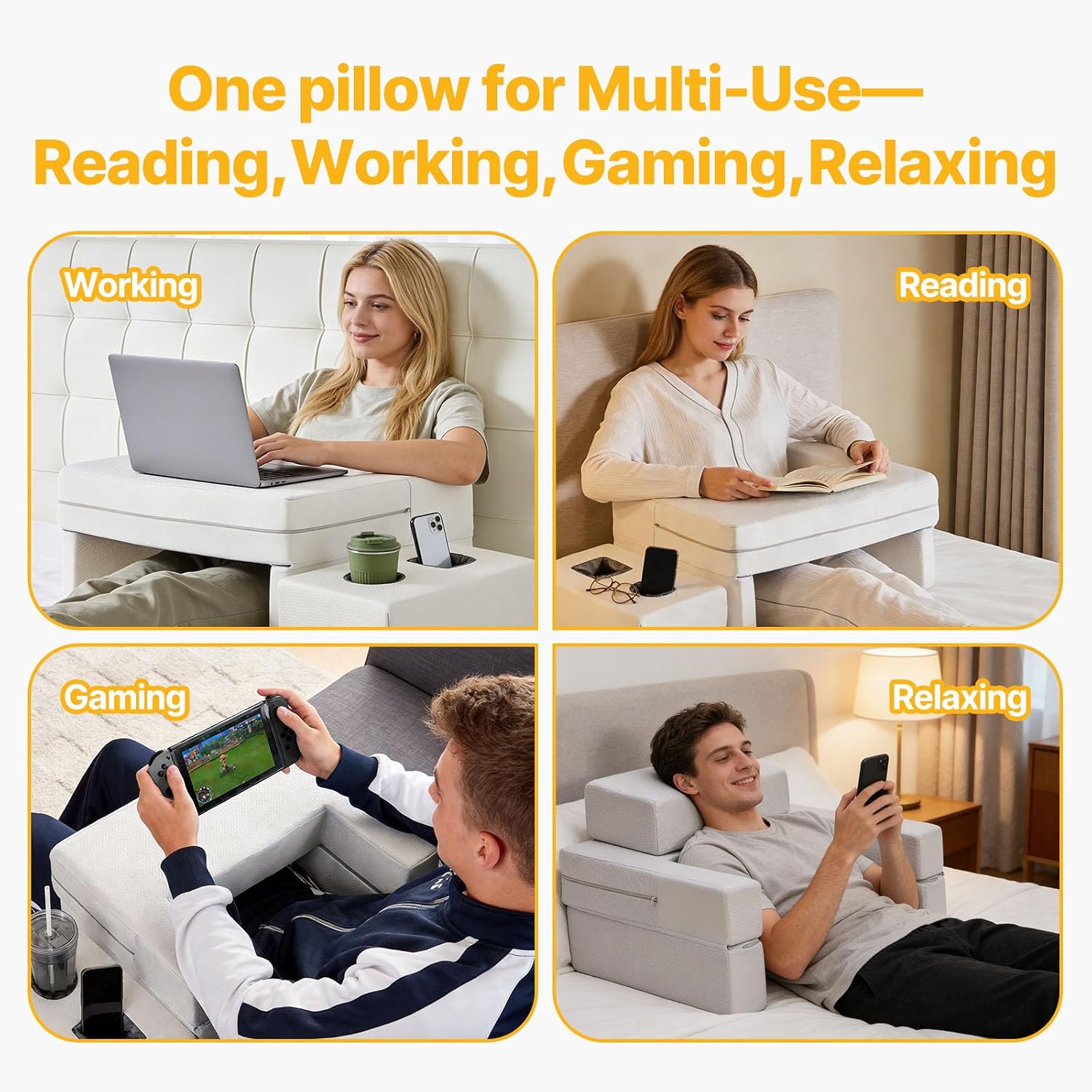 Sweetcrispy Ergonomic Reading Pillow Lap Desk with Storage Coaster, Adjustable Arm Rests, Square Design for Gaming, Reading & Working on Be…