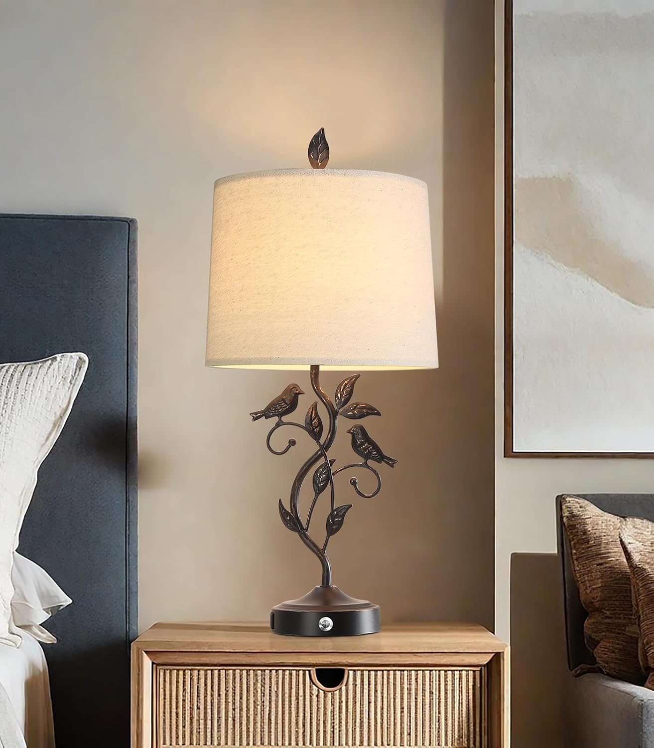 27" Set of 2 Touch Farmhouse Table Lamps for Living Room with 3-Way Dimmable 2 USB Ports, Vintage Rustic Iron Leaf Nightstand Lamp for…