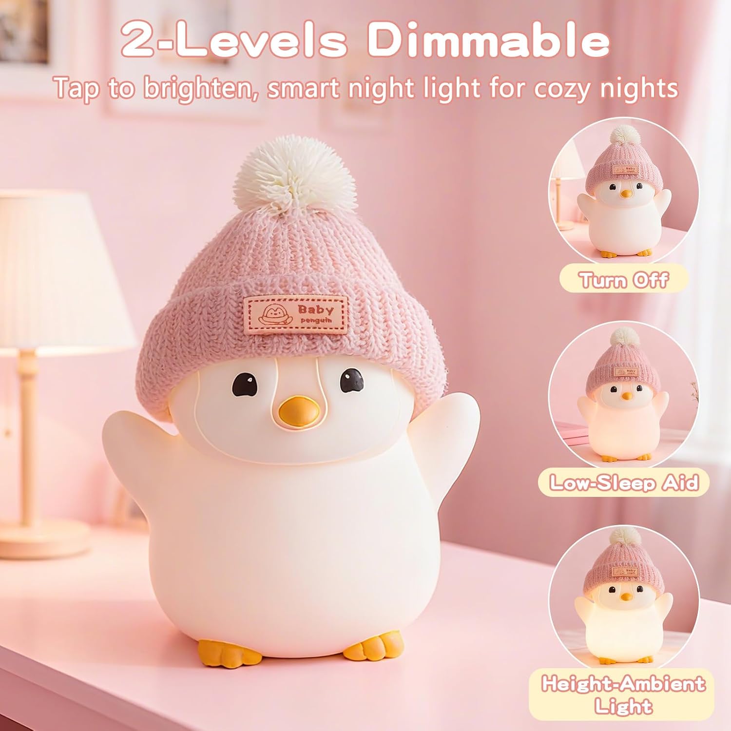 FAMIDUO-BrightenYourLife FAMIDUO Penguin Night Light, Cute Pink Penguin Lamp with Knit Hat, Soft Silicone Nursery Nightlight for Baby, Rech…