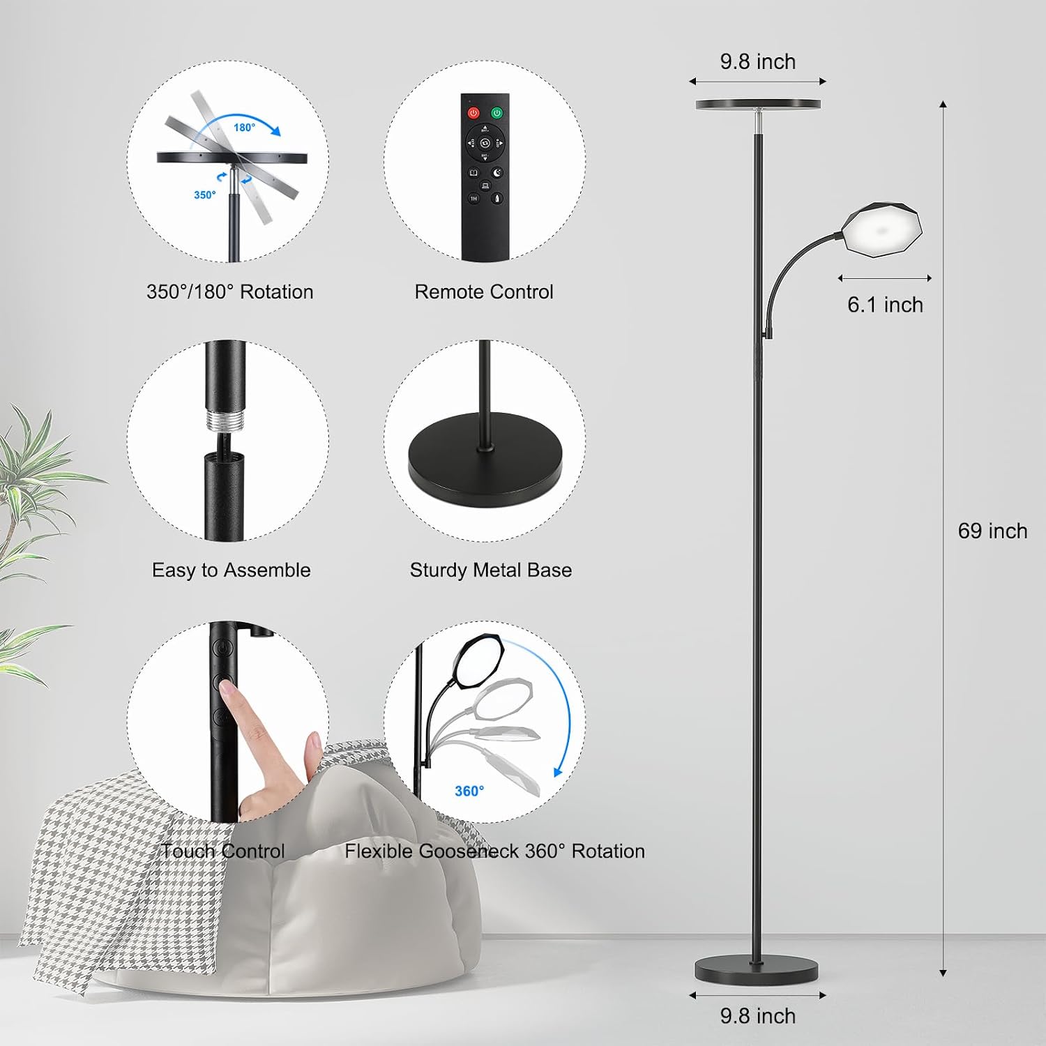 SUNMORY Floor Lamps for Living Room, 48W/4200LM Super Bright LED Floor Lamp with Remote Control, 69" Tall Standing Lamp with Stepless…