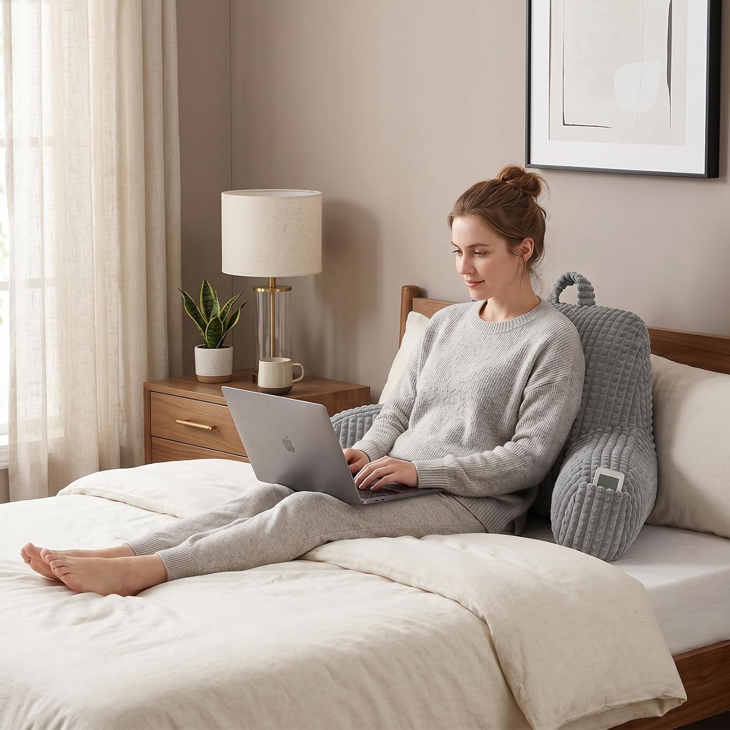 Pajeo Multi-Purpose Bed Pillow for Sitting Up,19" Flannel Backrest Pillow with Arms for Seniors & Pregnancy Support, Oeko-TEX Certified Sitt…