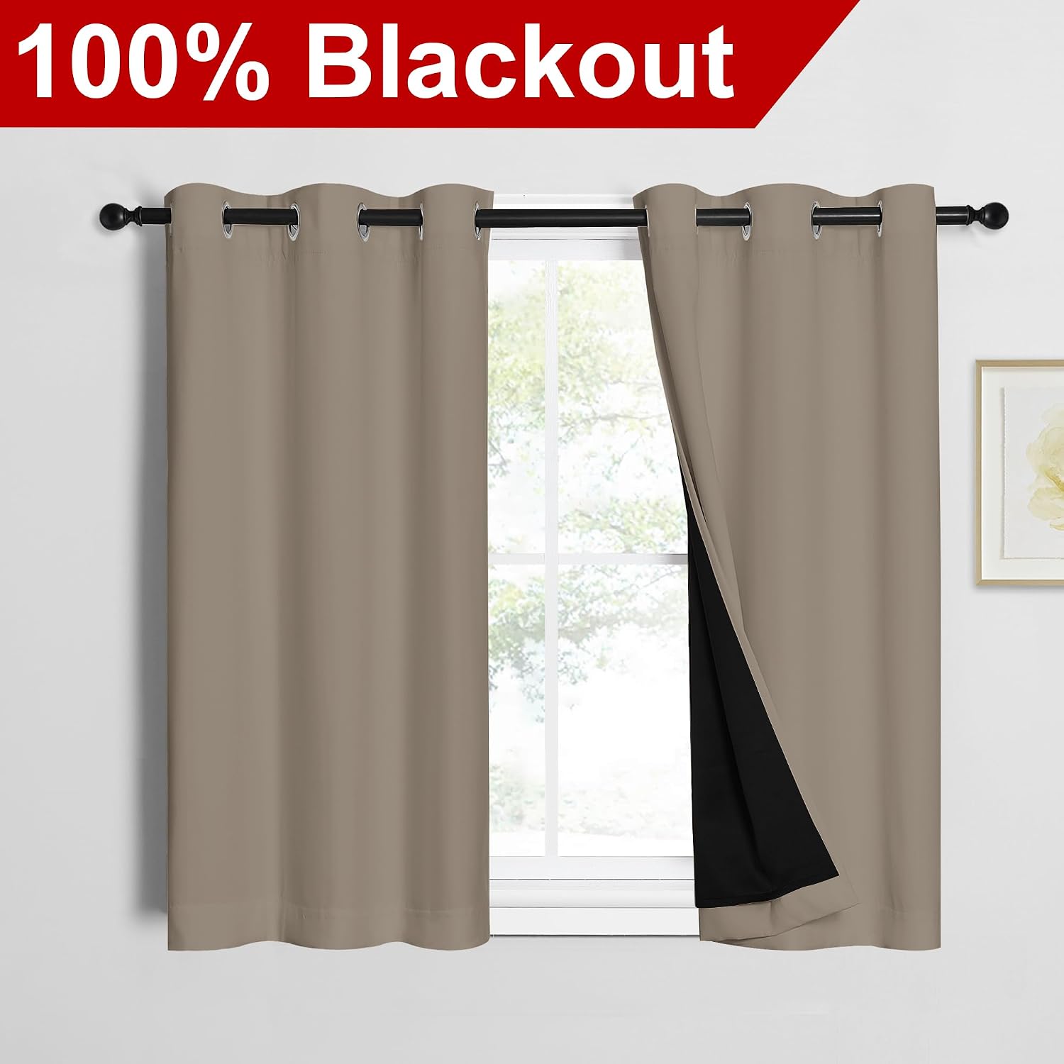 Nicetown 100% Blackout Short Curtains with Black Liners, 2 Panels, 37" W by 40" L, Taupe, Solid Thermal Insulated Full Blackout 2-Layer Lin…
