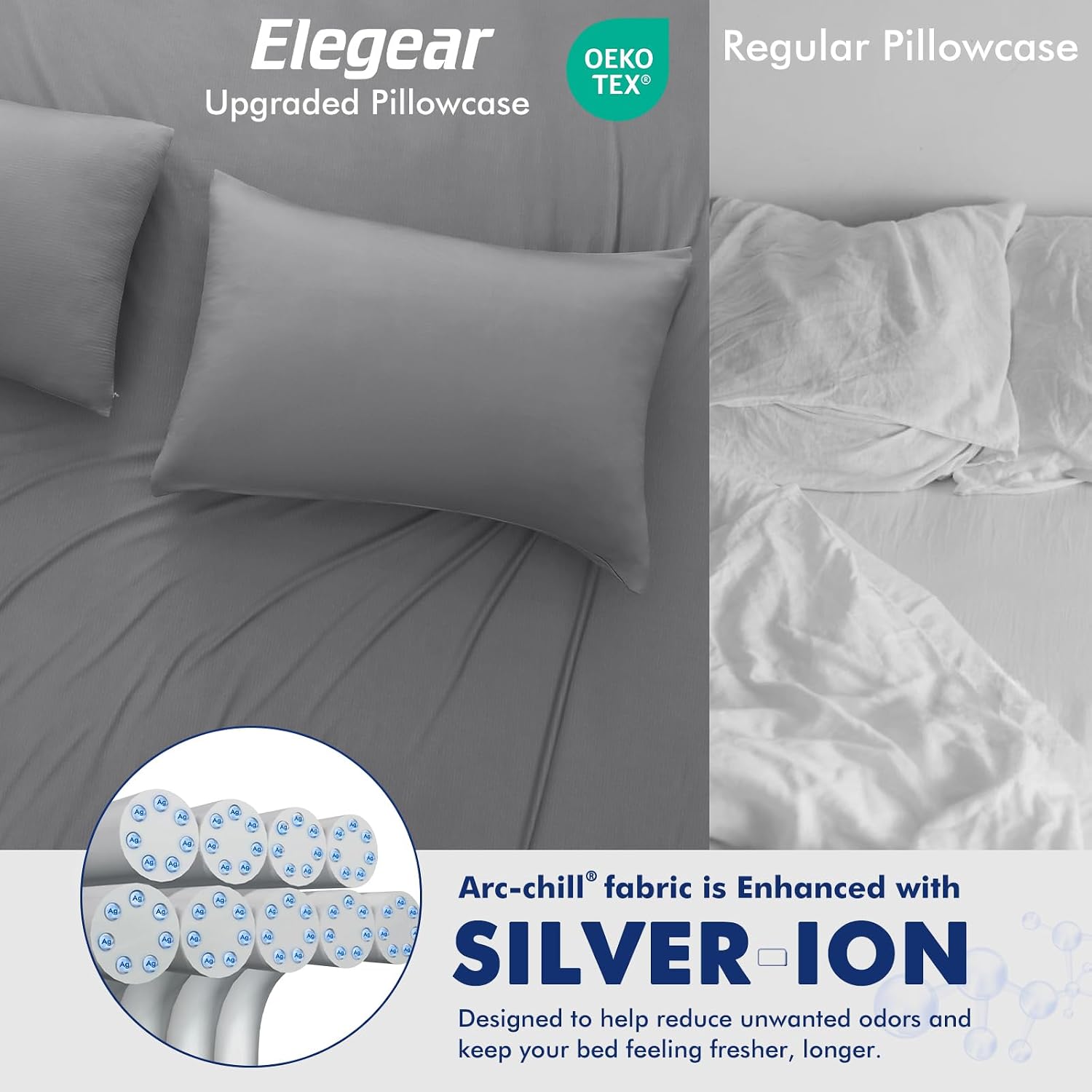 Elegear Silver Infused Cooling Pillow Cases for Hot Sleepers, Odor Resistant Cooling Pillowcase with Q-Max>0.5, Soft Silky Pillowcases for…