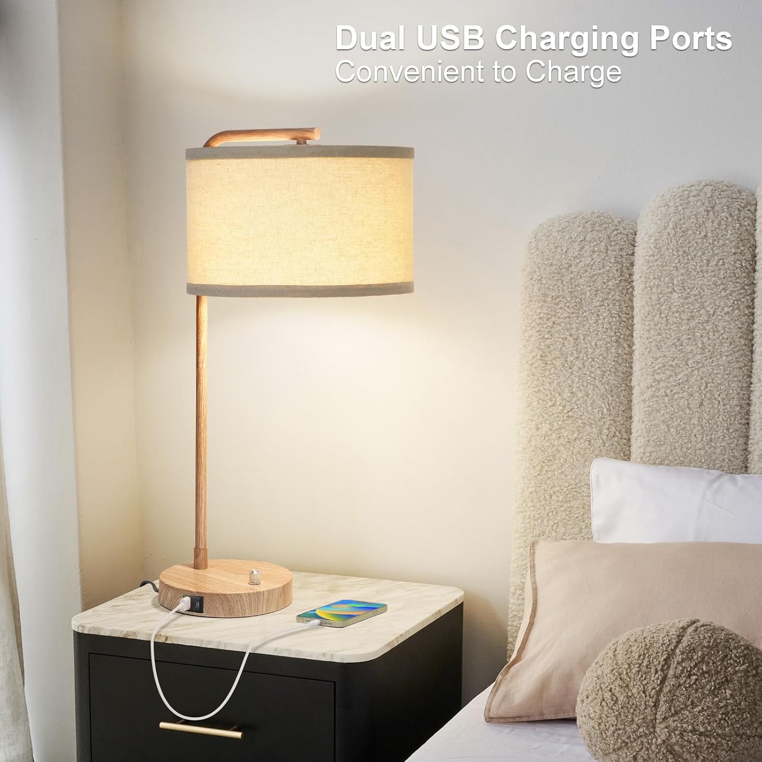 Farmhouse Table Lamp, Fully Dimmable Bedisde Nightstand Lamp with USB C+A Charging Ports, Modern Tall Table Lamp Desk Reading Lamp for…