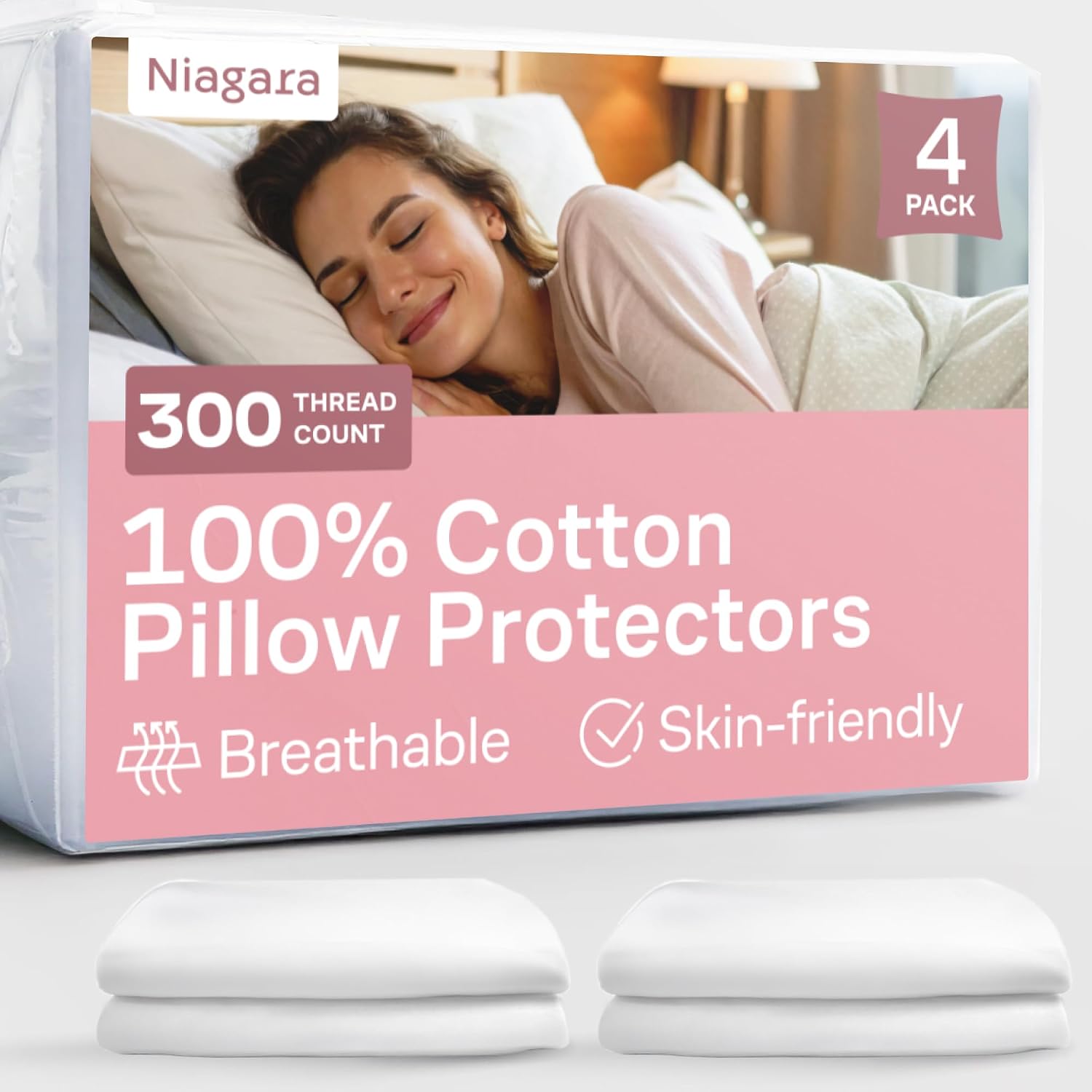 NiagaraSleepSolution 100% Cotton 4-Pack Pillow Protectors with Zipper Queen Size – 100% Resistant to Stains, Dust & Dirt – Washable Covers…