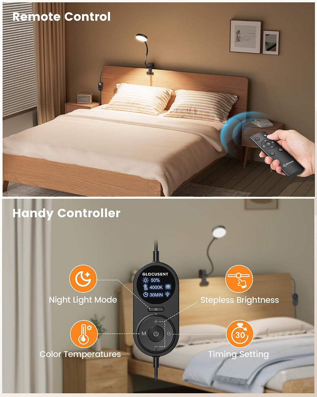 Glocusent 72 LED Clip on Lamp with Remote, Reading Light with Amber Ring, 3 Colors & 5 Dimmable Bed Lamp, 30/60-Min Auto Off Timer, Clamp…