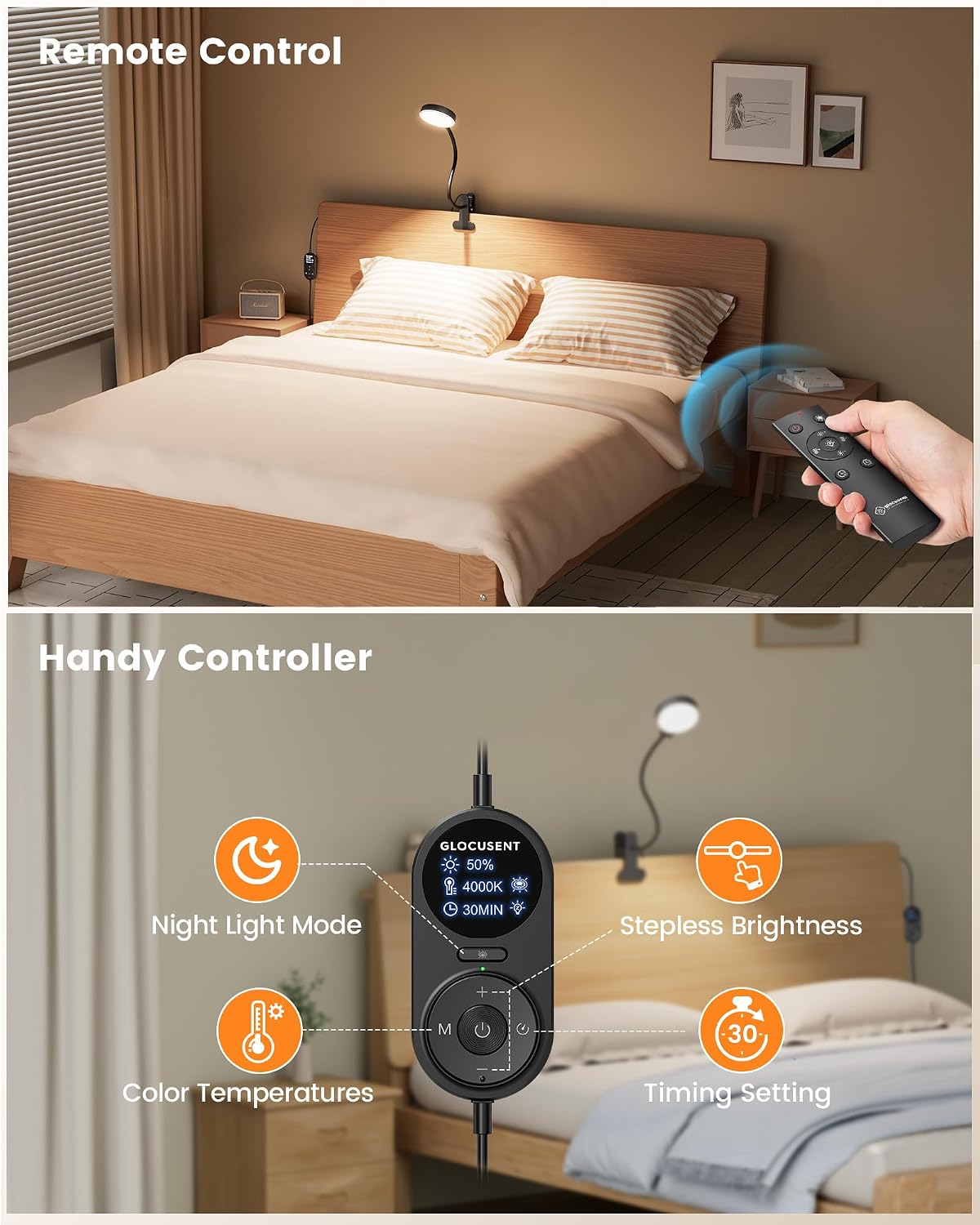 Glocusent 72 LED Clip on Lamp with Remote, Reading Light with Amber Ring, 3 Colors & 5 Dimmable Bed Lamp, 30/60-Min Auto Off Timer, Clamp…