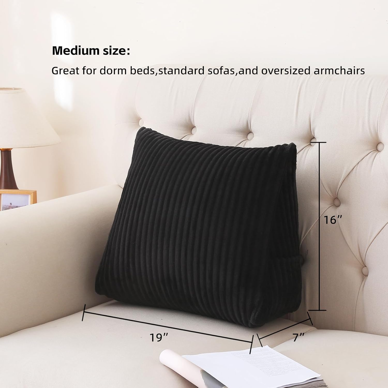 Corduroy Wedge Reading Pillow for Bed, 3 Sizes, 4 Colors for Bed, Sofa, Office Chair (Black, Medium 19 * 16 * 7in)