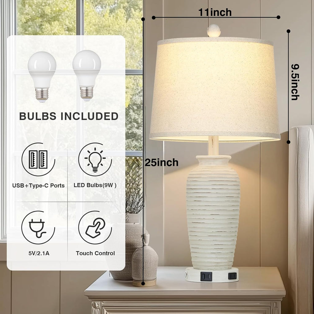 CINSARY 25" Retro White Farmhouse Jar Table Lamps for Living Room, 3 Way Touch Control Rustic Bedside Lamps with USB A+C Ports & AC…