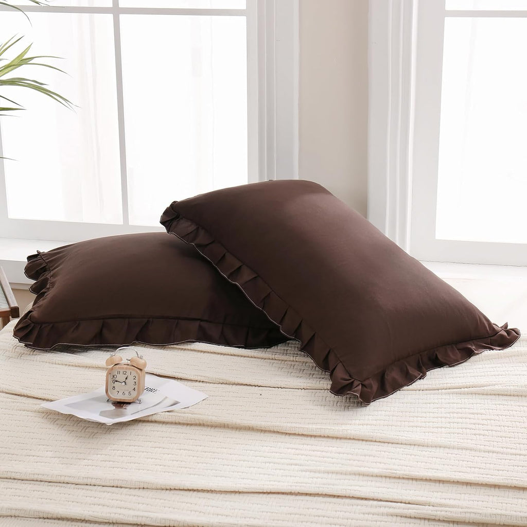 Merryword Dark Brown Pillow Shams Chocolate Queen Pillowcases Cute Pillow Cover Set of 2 Soft Shabby Chic Ruffled Pillowcases 2 Pack (Queen…