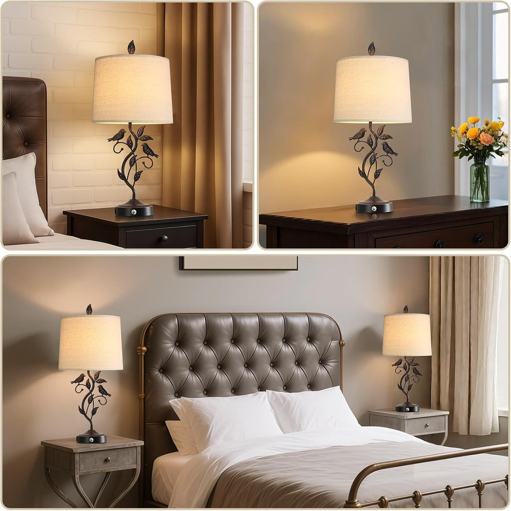 27" Touch Farmhouse Table Lamps for Living Room with 3-Way Dimmable 2 USB Ports, Vintage Rustic Iron Leaf Nightstand Lamp for Bedroom…