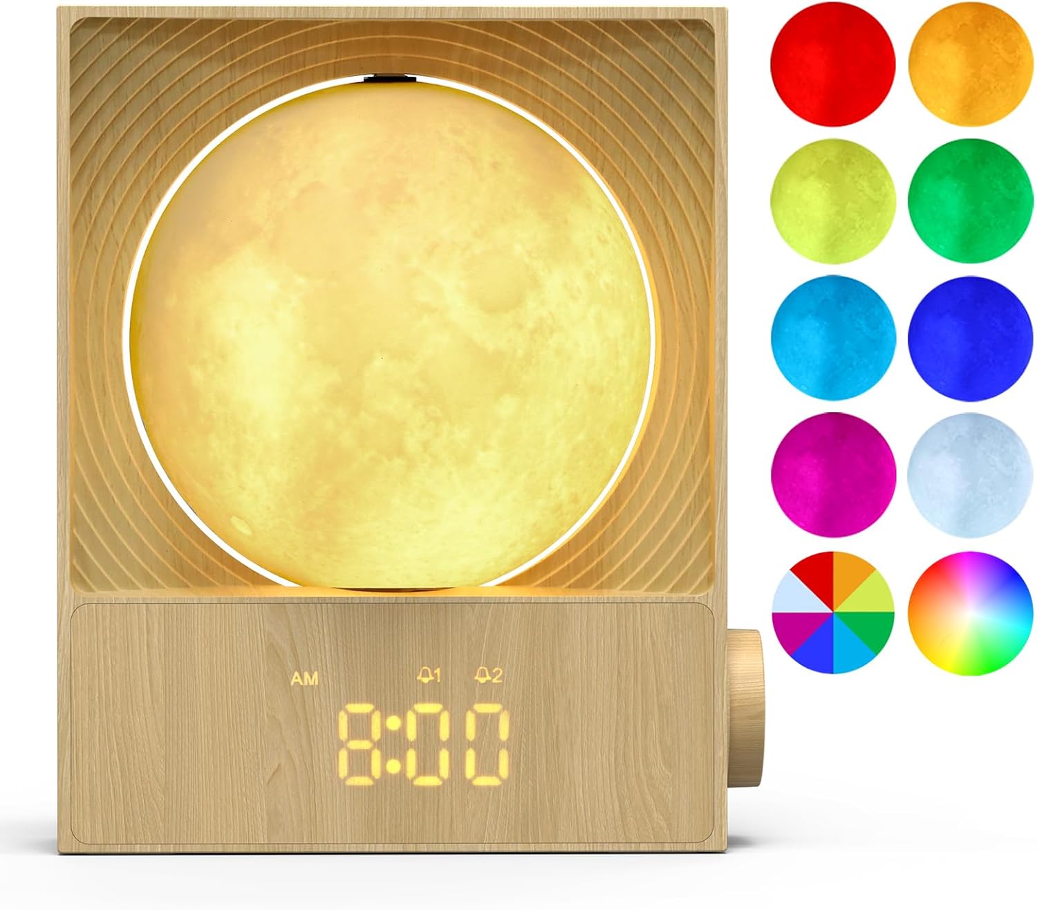Epochleno Sunrise Alarm Clock, 360-Degree Rotating Moonlight & 10 White Noise Sounds, Dual Alarm & Snooze for Heavy Sleeper, Timer, Wooden…