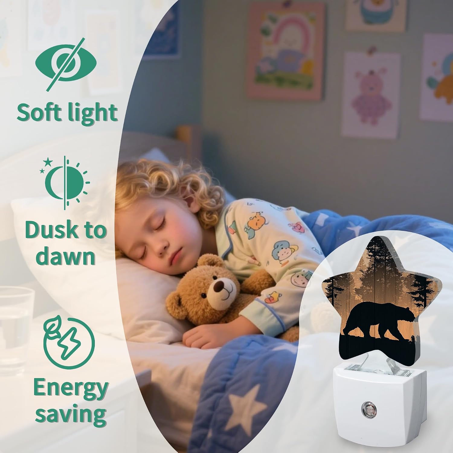 Rustic Woodland Bear Plug in Star Night Light, Night Light with Sensor for Kids Nursery Bedroom, Decorative Soft Glow Lamp for Hallway…