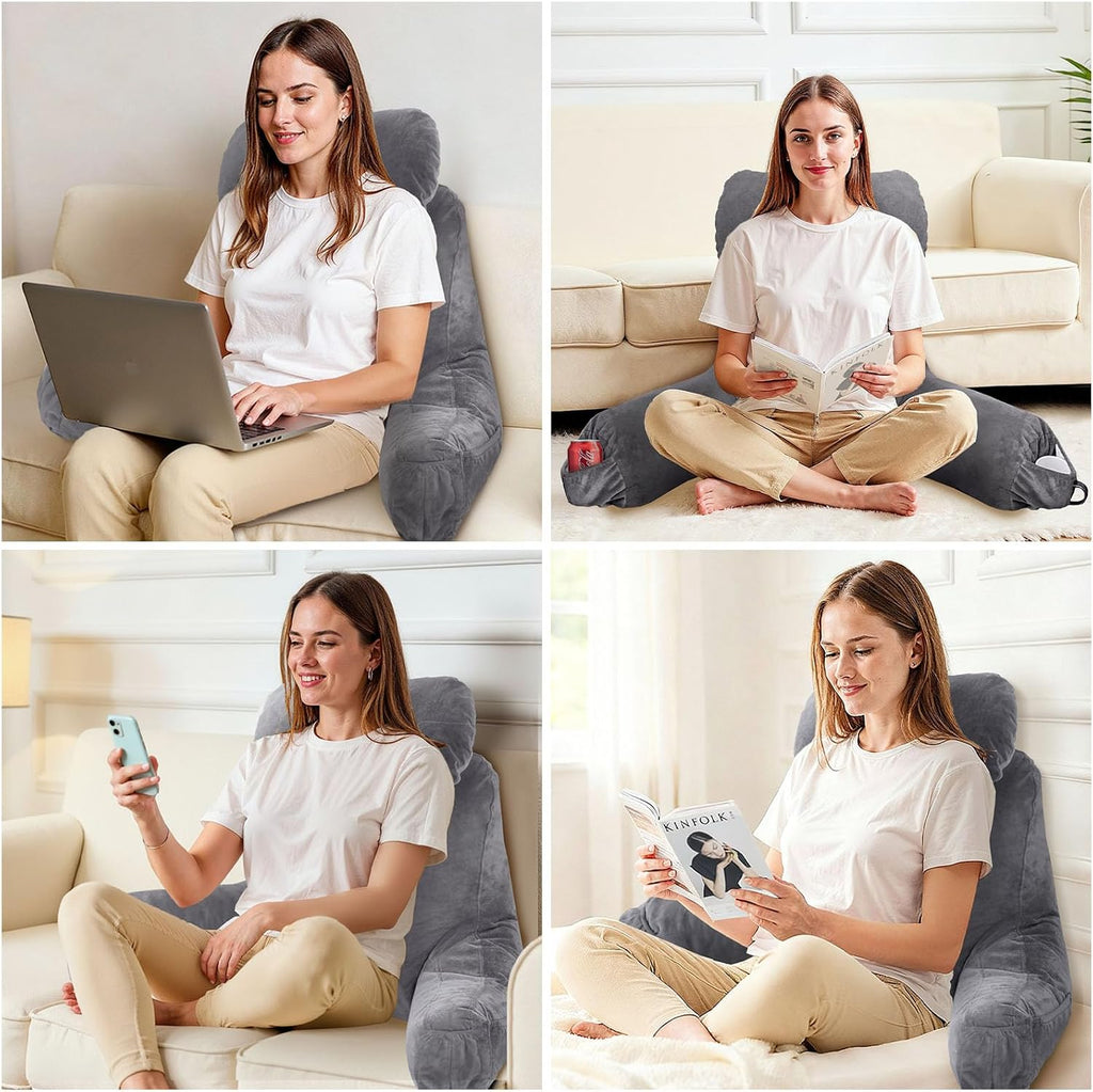 Reading Pillow for Sitting in Bed Adult, Bed Pillow with Shredded Memory Foam, 25''H Pillow with Detachable Neck Roll, Washable Cover…