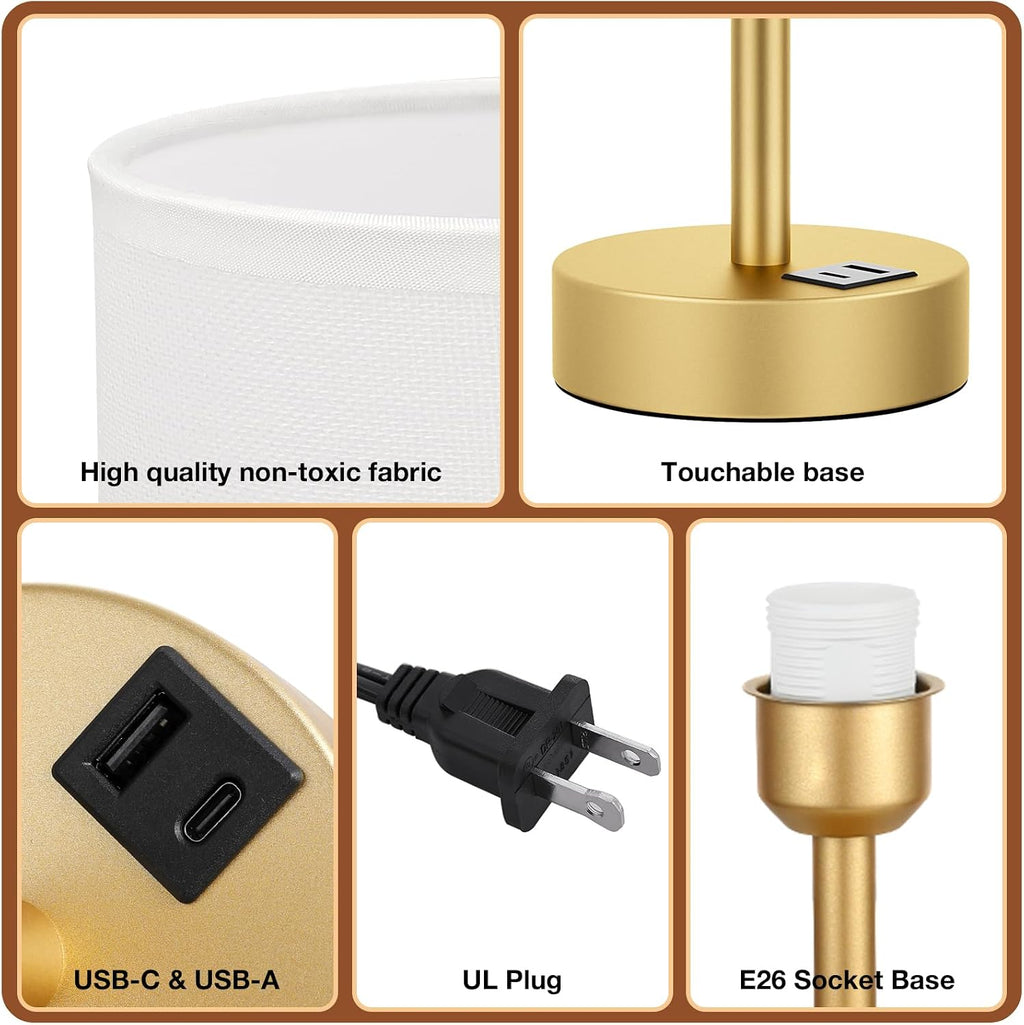 Dicoool Small Touch Bedside Lamp with USB - 3 Way Dimmable Table Lamp for Bedroom, Nightstand Lamp with Gold Charging Station for Desk…