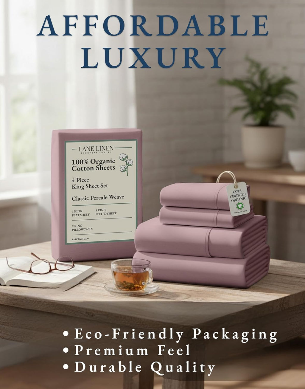 LaneLinen LANE LINEN 100% Organic Cotton King Size Bed Sheets, Sustainably Produced Okeo Tex Certified Cotton Sheets King, Luxury Hotel Per…