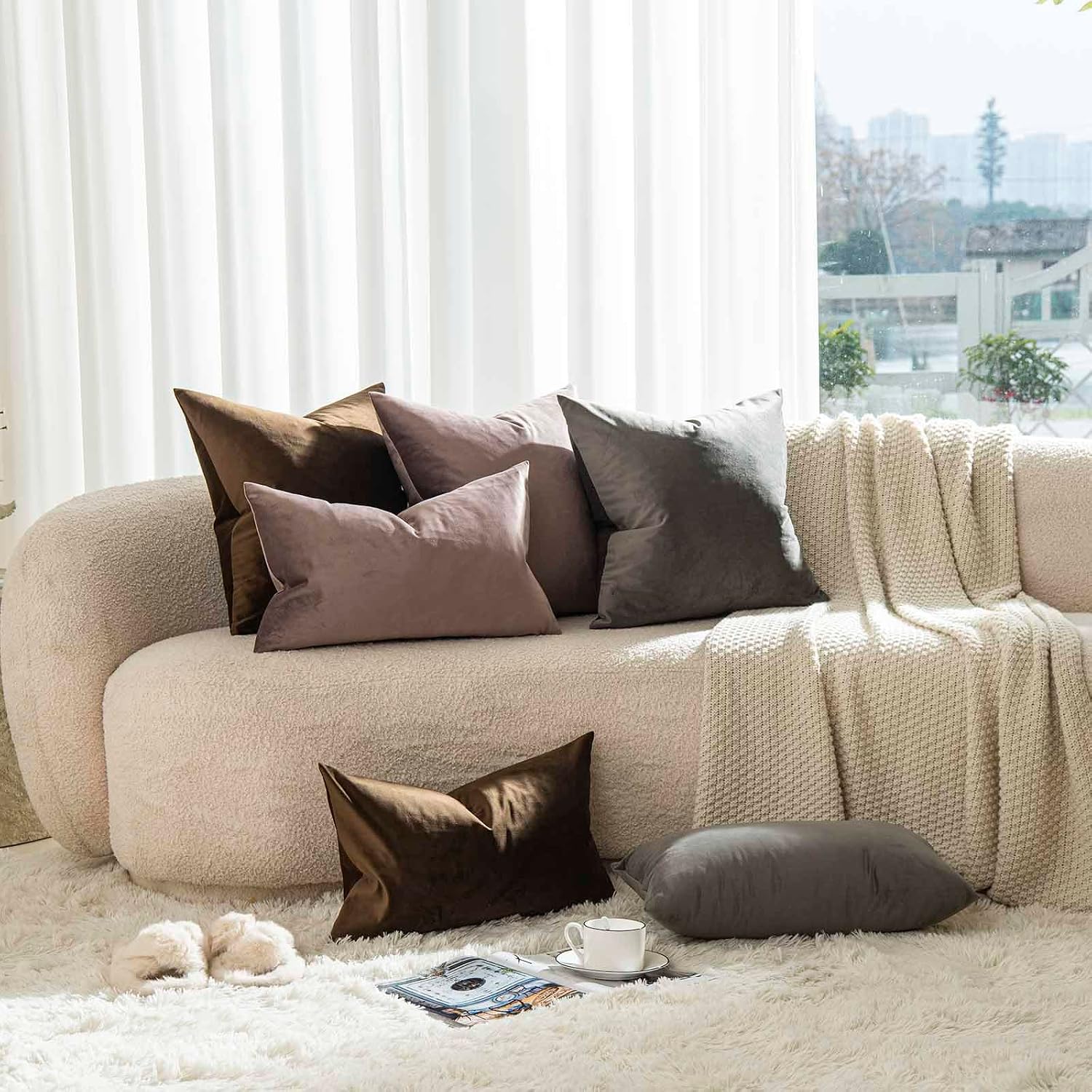 Juspurbethome JUSPURBET Brown Throw Pillow Covers Set of 2 Decorative 22x22 Velvet Pillow Covers for Couch Sofa Bed Soft Cushion Covers Cas…
