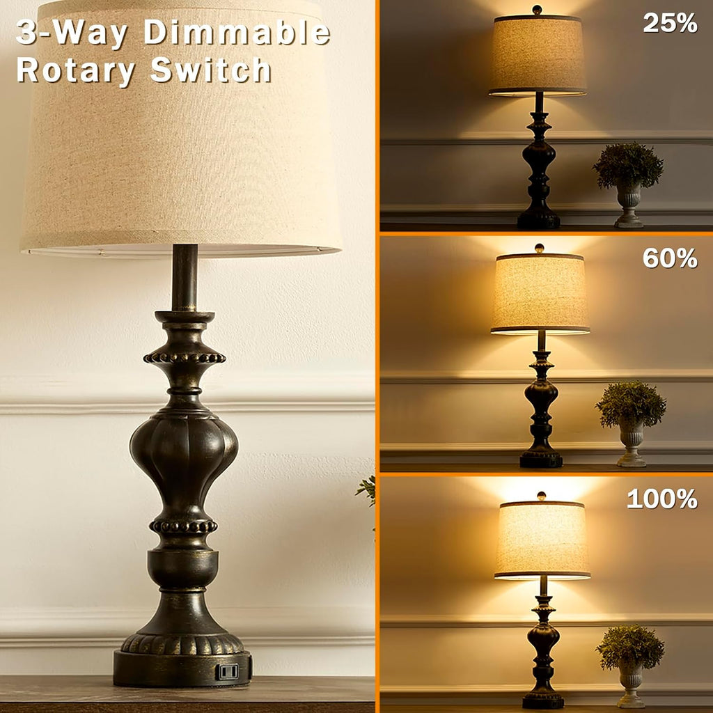 SAIWEYA 27.5" Farmhouse Table Lamps Set of 2 Bedside Lamp with USB C+A Ports & AC Outlet, 3 Way Dimmable Lamps for Bedroom Living Room…