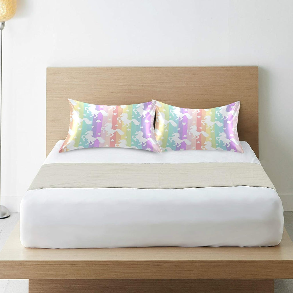 Blueangle Rainbow Unicorn Stripe Satin Pillowcase for Hair and Skin Silk Pillowcase, King Size(20x40 inches) - Satin Pillow Covers with…