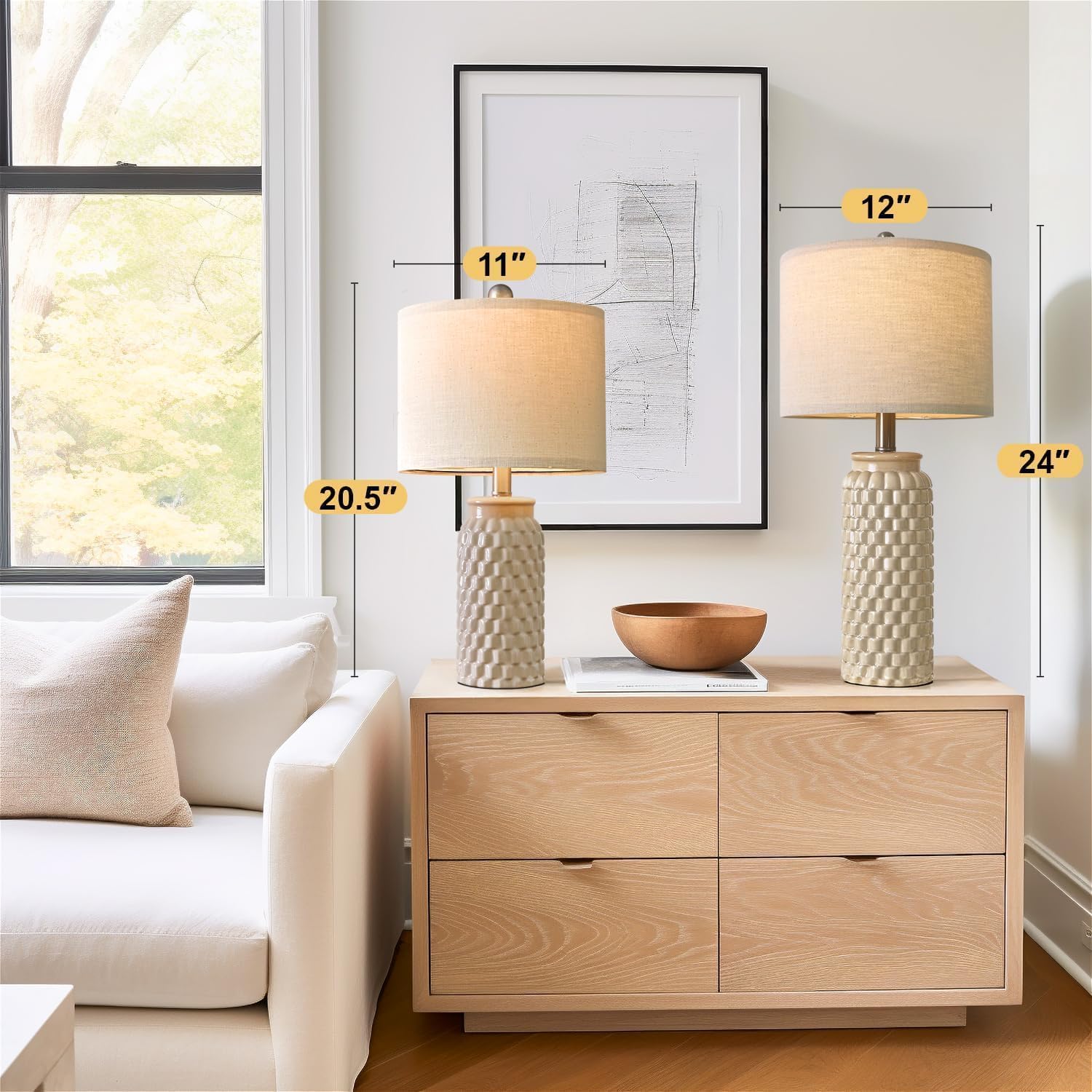 USumkky 24" Modern Ceramic Bedside Lamp Set of 2 for Bedroom Decor Farmhouse Table Lamp for Living Room Office Dorm Cream