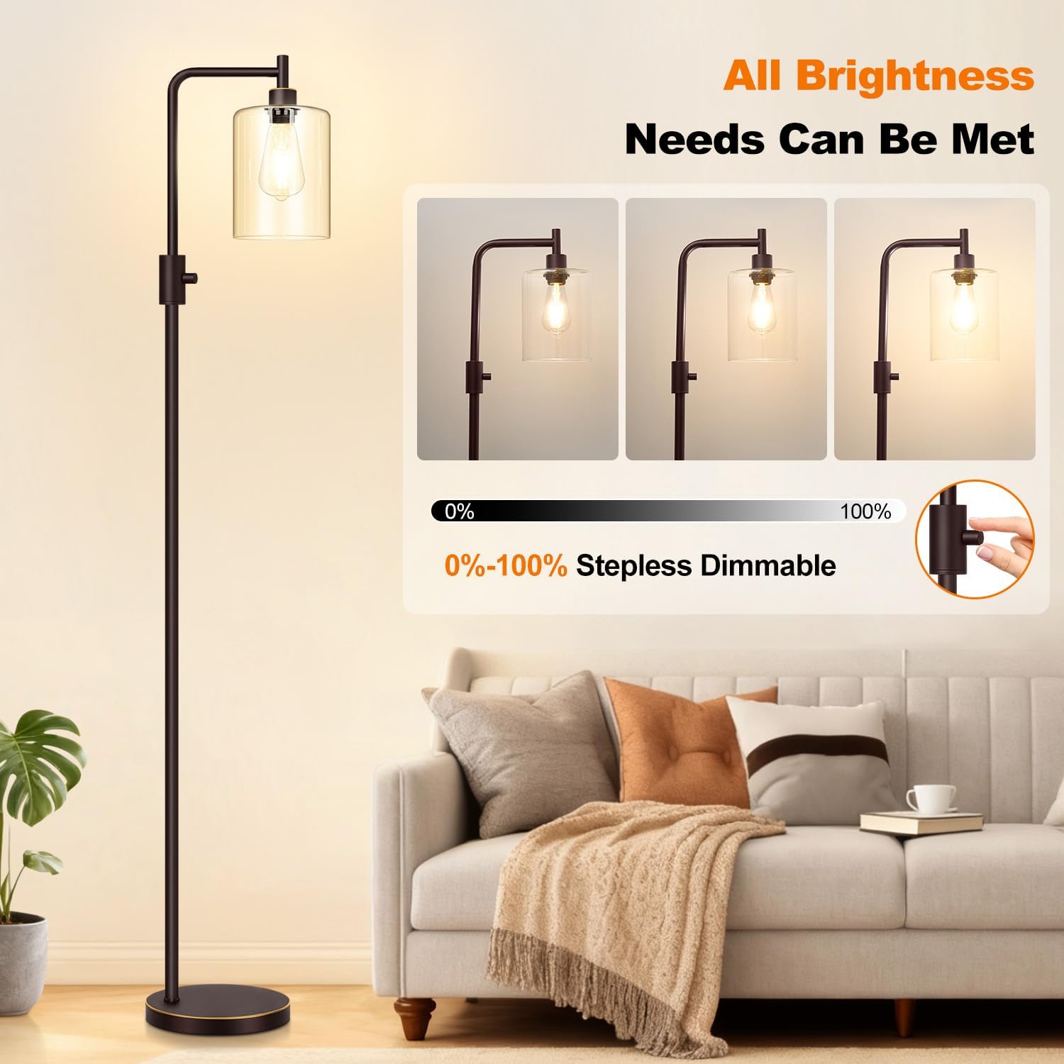 Upgraded】Dimmable Floor Lamp for Living Room with Glass Lampshade, Brown and Gold Modern Floor Lamp with 900LM LED Bulb Included, Bright…