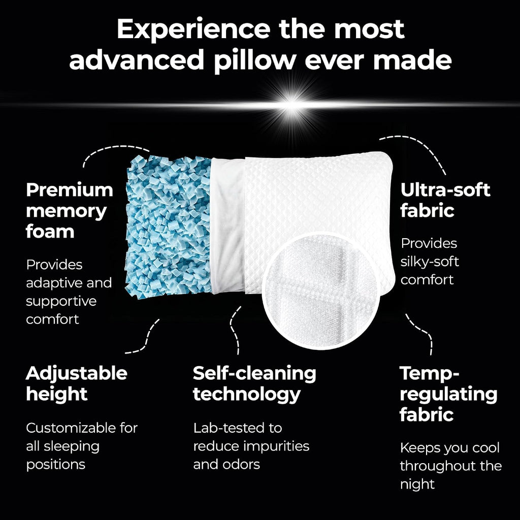 Silvery Silver Infused Restcool Bed Pillow - Adjustable Memory Foam Fill with Self-Cooling Fabric - Self-Cleaning Technology that Stays…