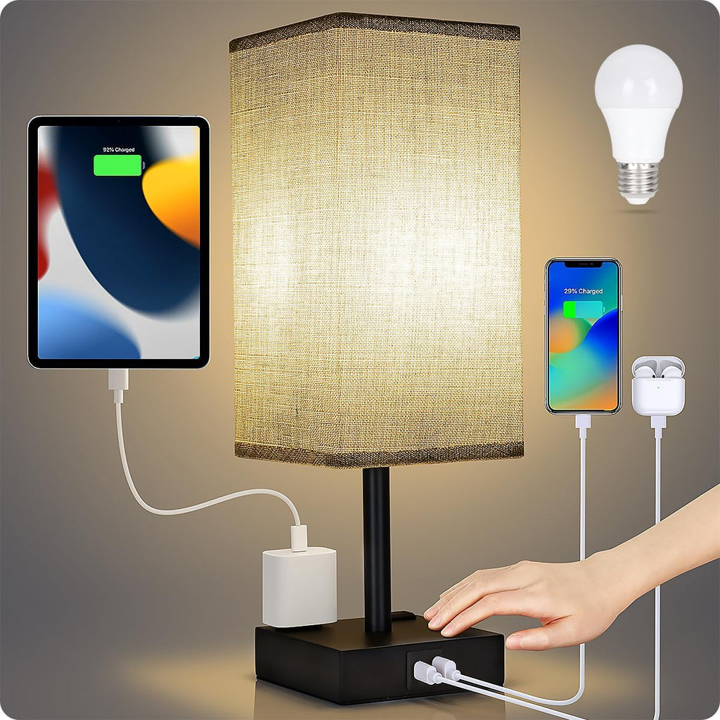 Bedside Table Lamp for Bedroom - Touch Small Lamp with USB C+A Charging Ports & AC Outlets, 3 Way Dimmable Nightstand Light for Living…
