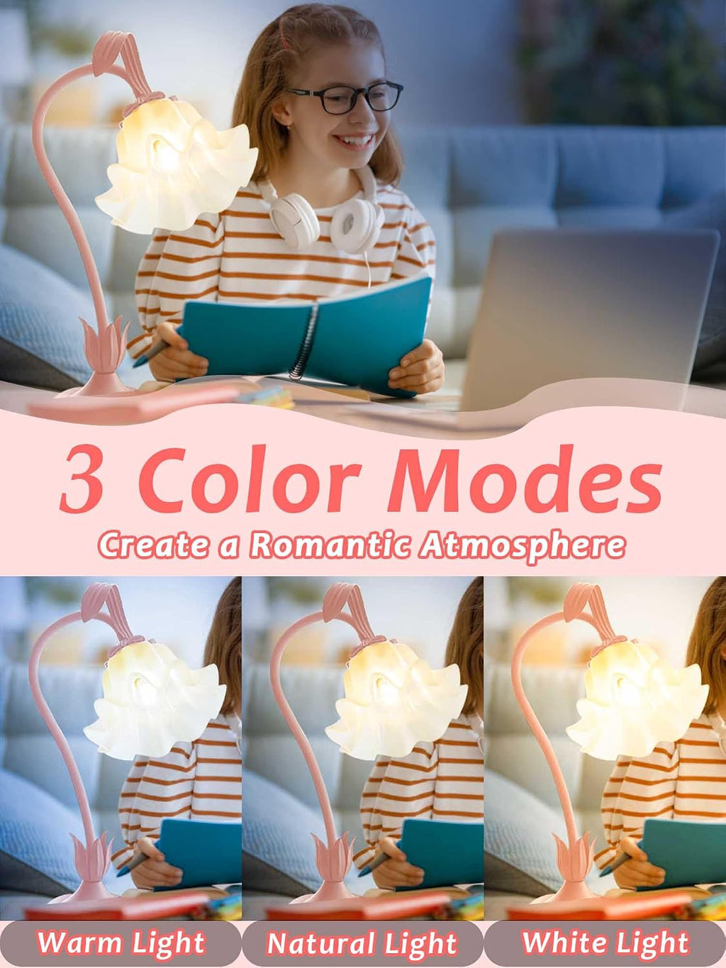 Aqdzcnf Flower Table Lamp, LED Reading Light Bedside Vintage Flower Night Light,3 Colors Modes Kawaii Bedside Lamps Decor, Living Room Bedroo…