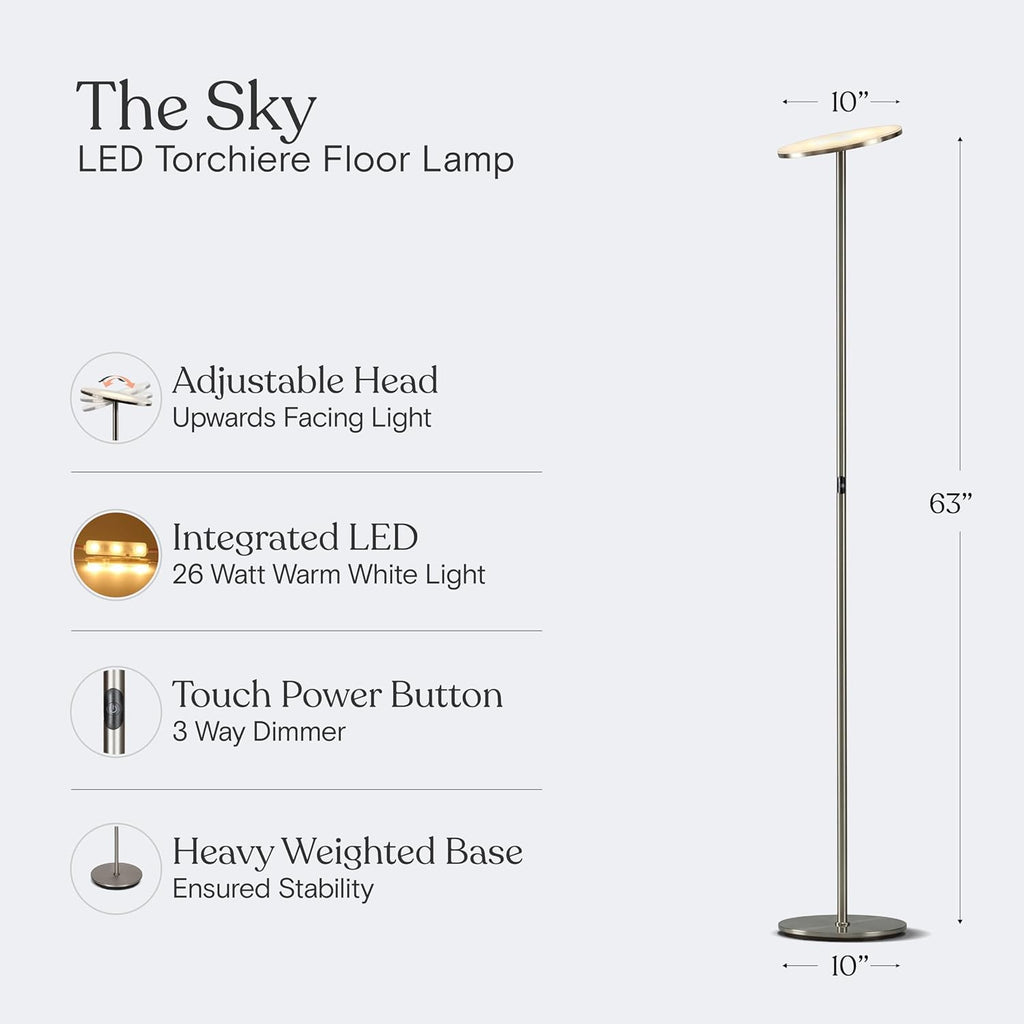 Brightech Sky LED Floor lamp, Torchiere Super Bright Floor Lamp for Living Room Decor & Office - Dimmable, Tall Standing Lamp with Warm Lig…
