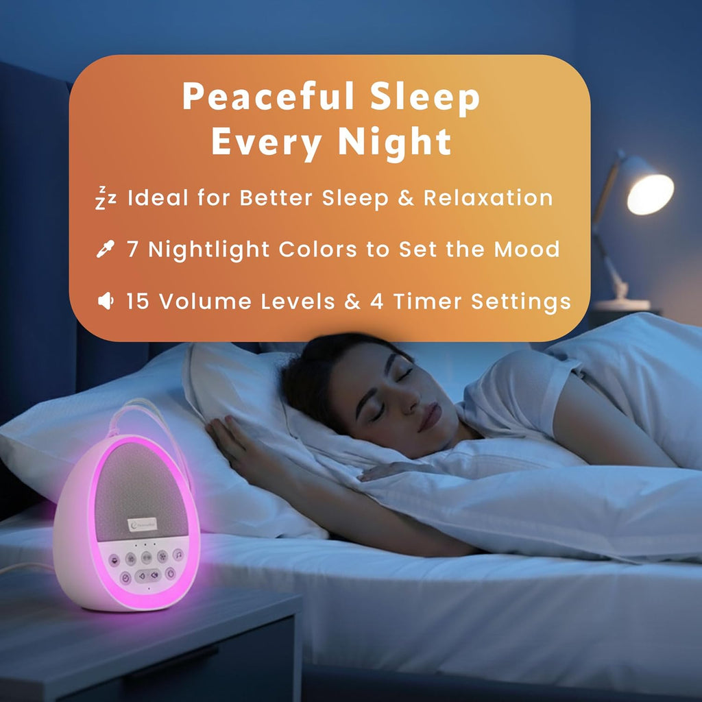 White Noise Sound Machine for Sleep, 29 Non-Looping Sleep Sounds, 7-Color Nightlight, 4 Timers, Memory, USB-C Charging, Hanging Rope for…