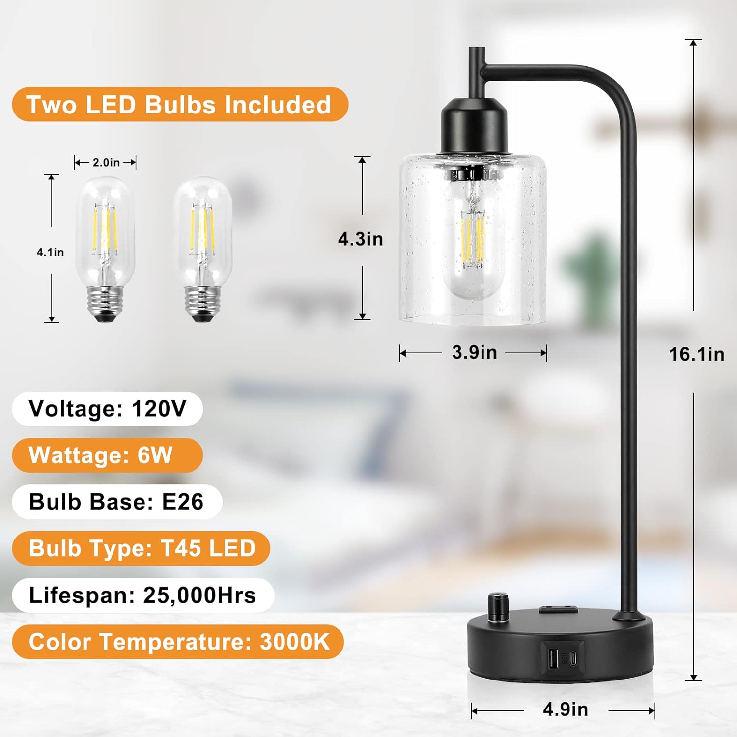 Industrial Table Lamps for Bedrooms Set of 2 - Fully Dimmable Bedside Lamps with USB A and C Ports and Outlet, Black Nightstand Lamps…