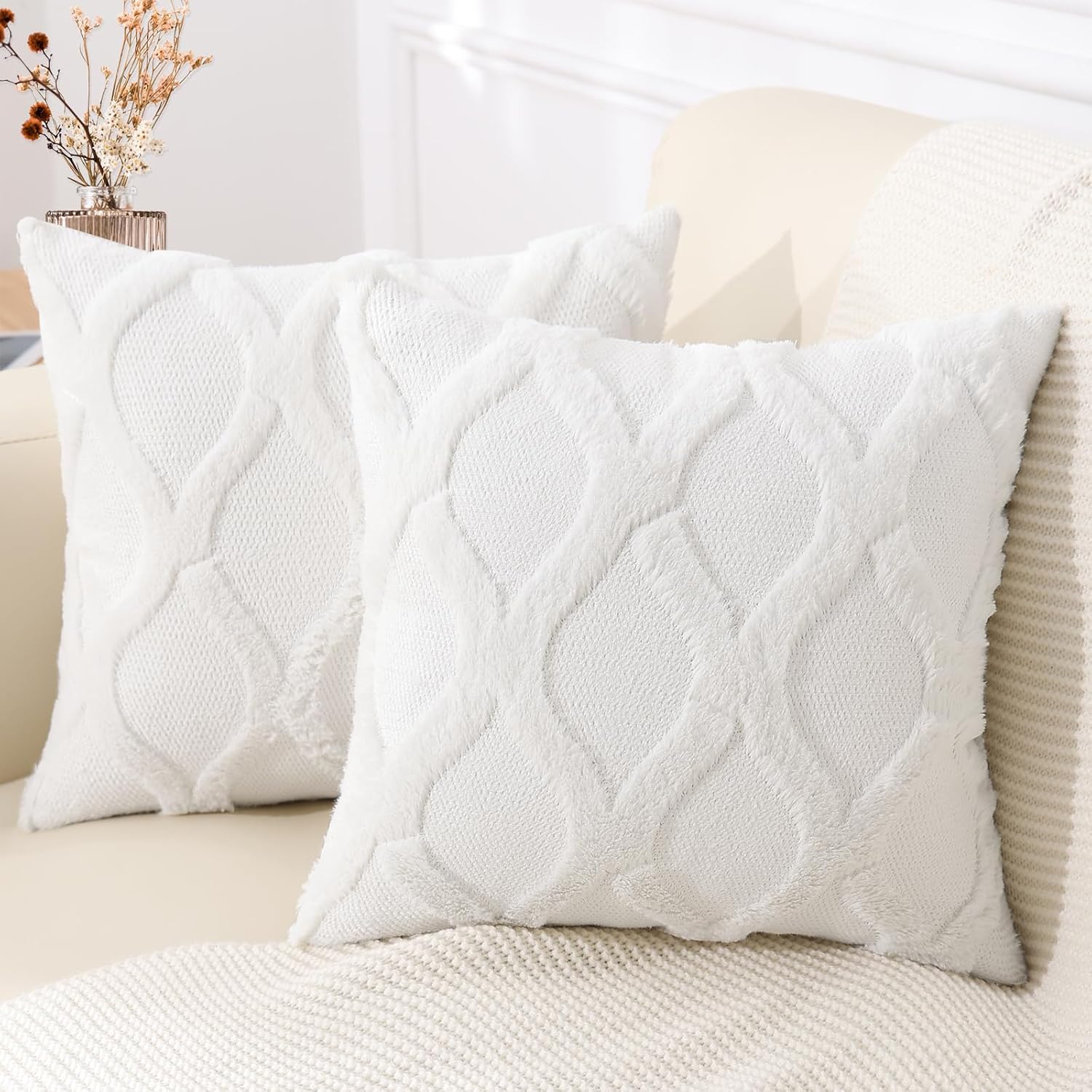 decorUhome Summer Euro Sham Throw Pillow Covers 26x26 Inch Set of 2, Soft Plush Faux Fur Wool Cream White Accent Couch Pillow Covers for Mo…