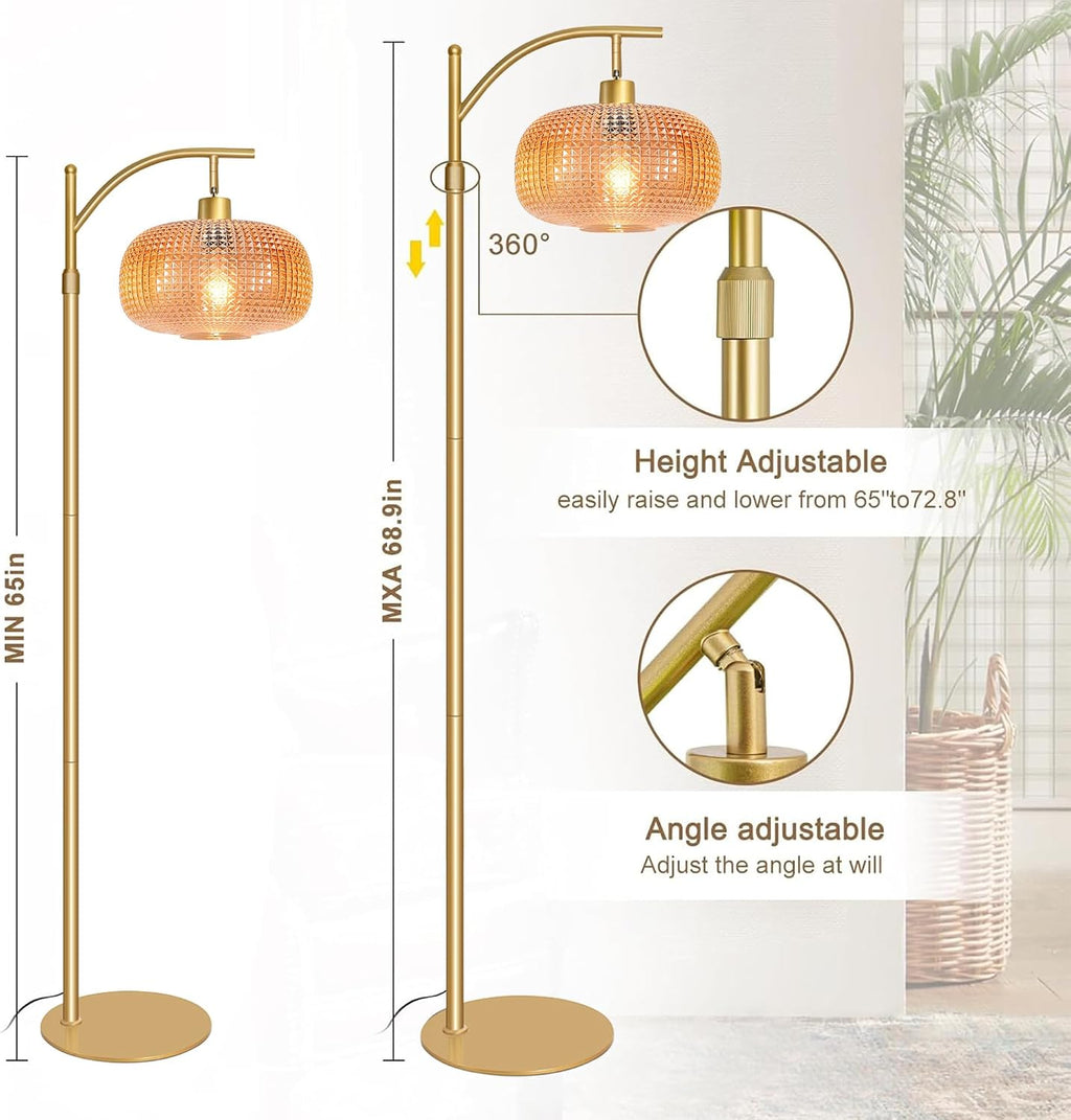 Glass Floor Lamp for Living Room with Amber Glass Lampshade, Dimmable Modern Standing Lamp with 12W LED Bulb, Remote Control Tall Lamp…