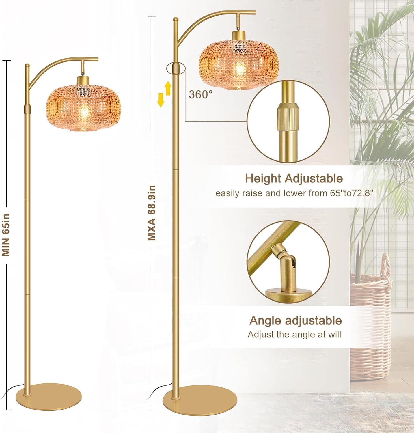 Glass Floor Lamp for Living Room with Amber Glass Lampshade, Dimmable Modern Standing Lamp with 12W LED Bulb, Remote Control Tall Lamp…