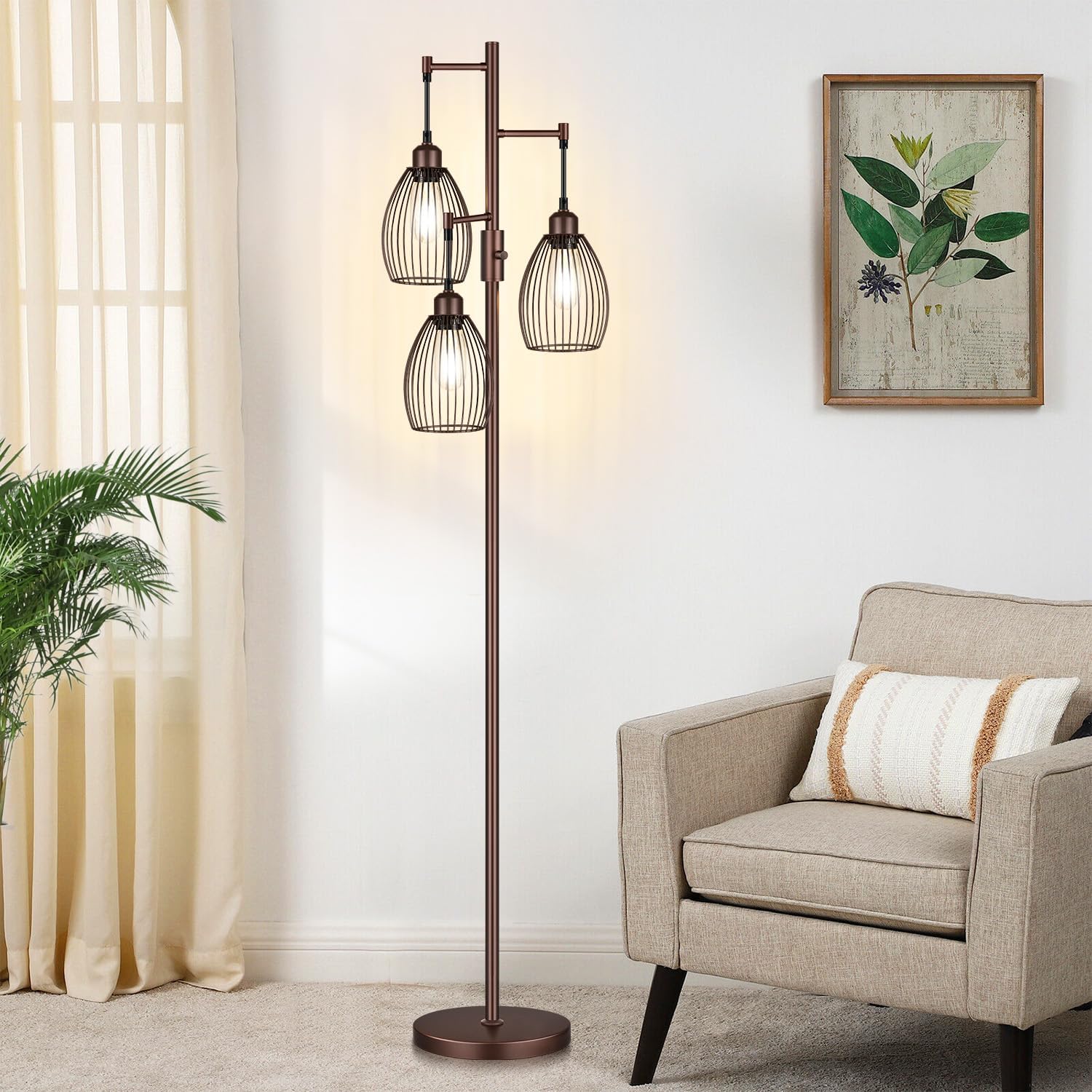 Torondo Dimmable Farmhouse Industrial Floor Lamp, Matte Brown Tree Standing Tall Lamps with 3 Elegant Teardrop Cage Head & 800 Lumens LED…