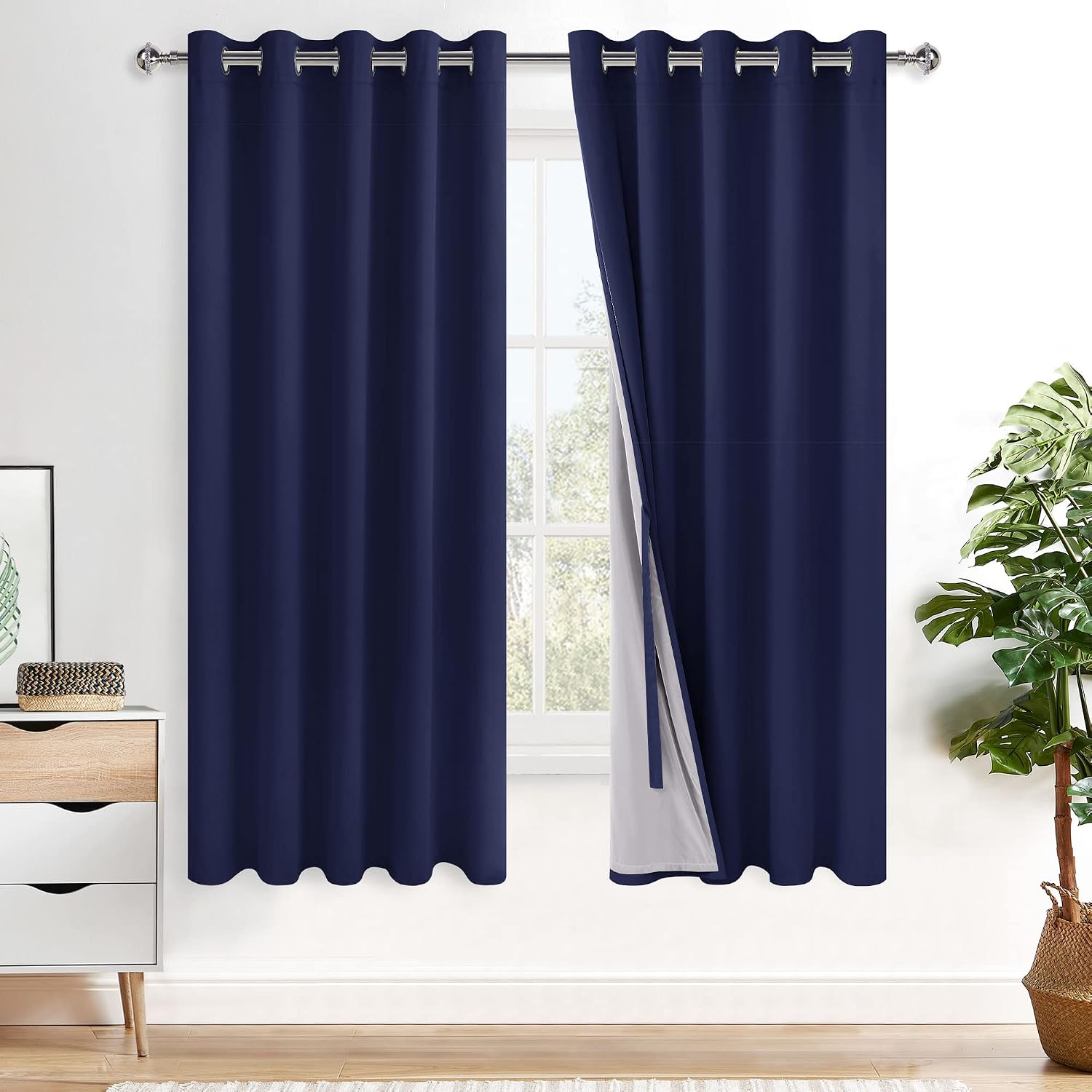 Xwzo Full Shading Blackout Curtains 63 Inches Length with Tiebacks- Heat and Light Blocking Ring Top Window Drapes with Black Liner Backing…