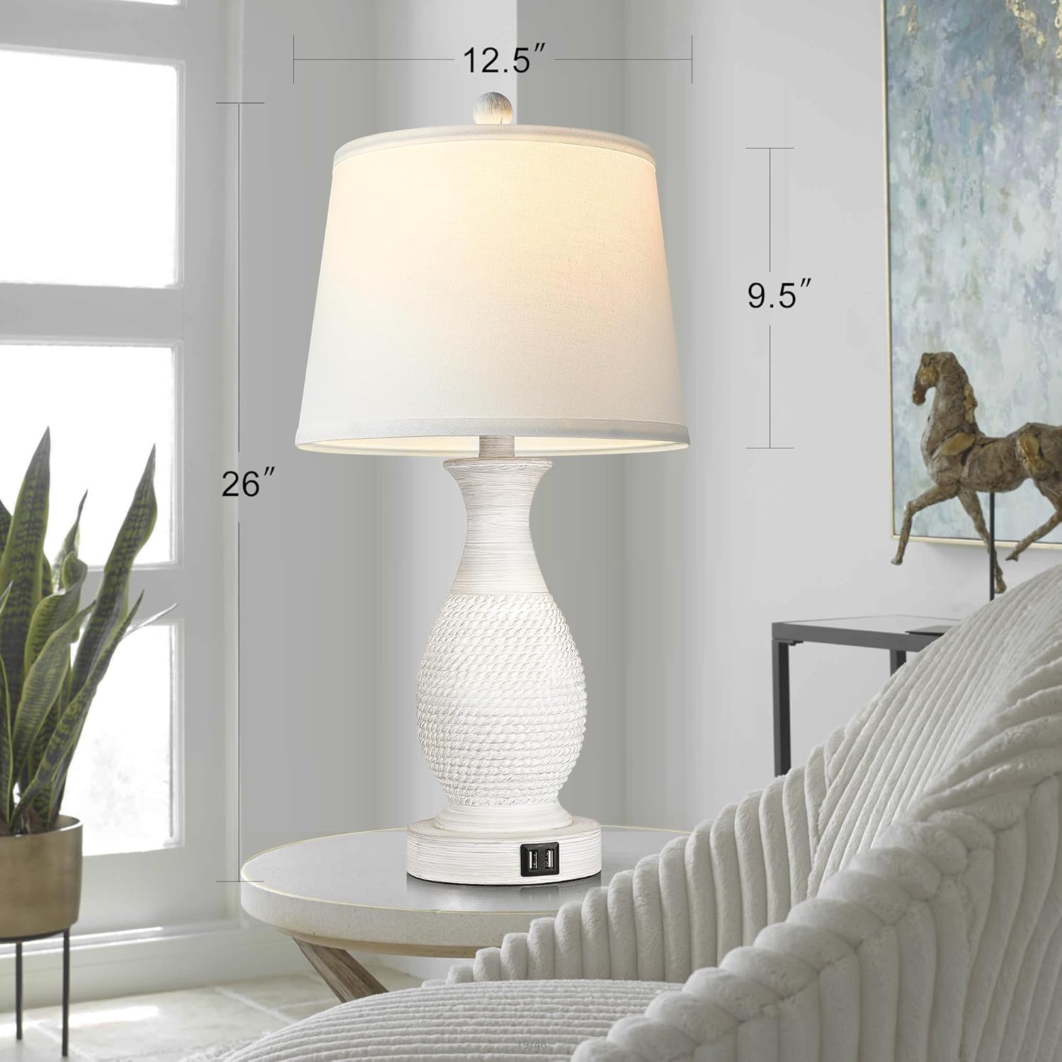 PARTPHONER Set of 2 Table Lamps with USB C+A Fast Charging Ports, 26" Tall Farmhouse Living Room Lamp with 3-Way Dimmable Nightstand Lamp…
